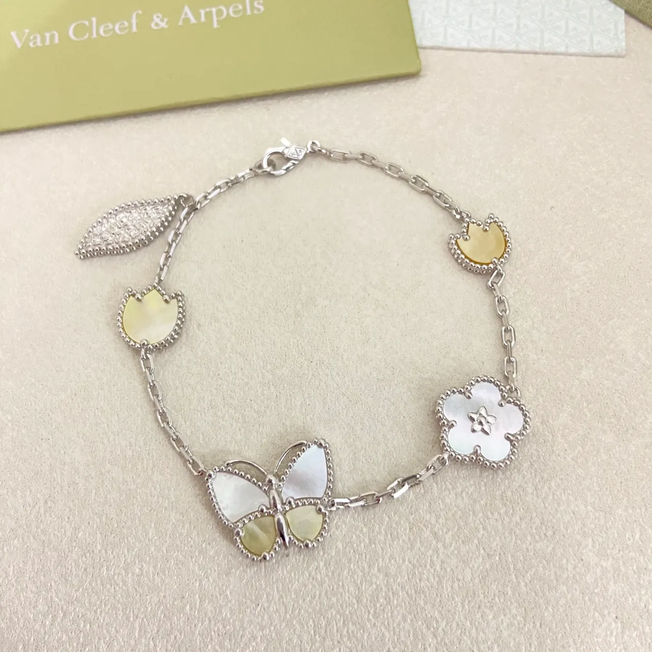 Van Cleef & Arpels Alhambra and Papillon Gold Silver Chain-Link Mother-of-Pearl Inlay Bracelet