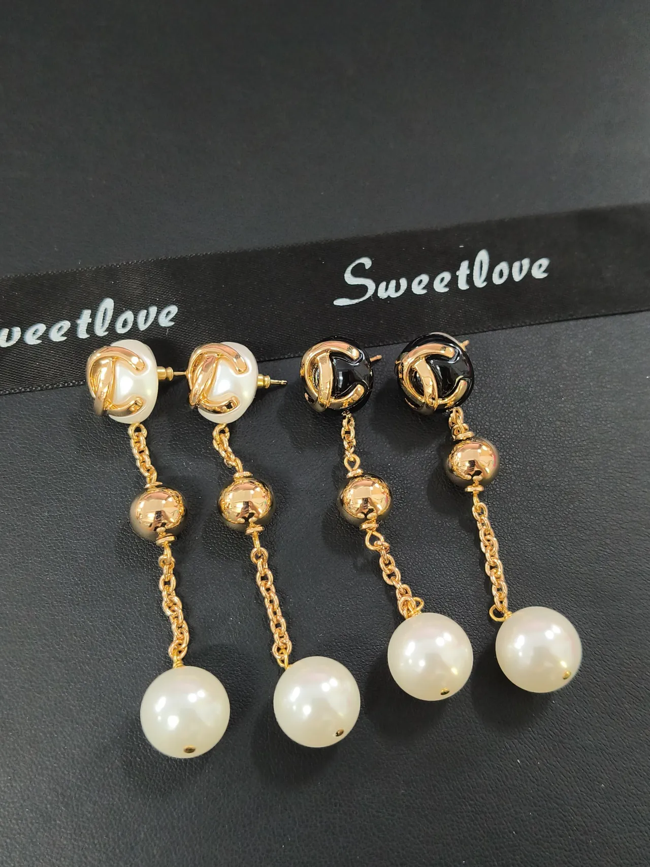 Gold-Tone Logo Stud Pearl Drop Chain Earrings