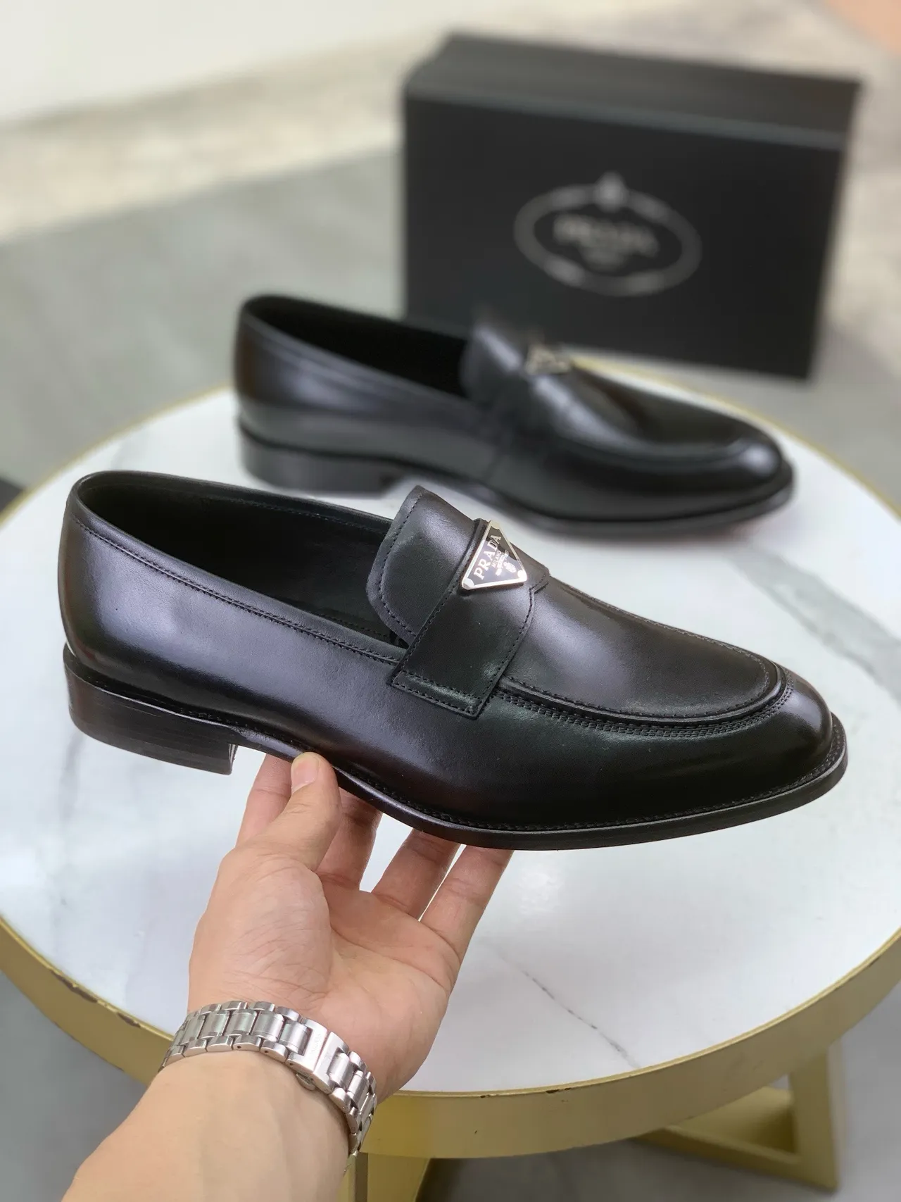 Prada Black Smooth Leather Triangle Logo Plaque Loafer