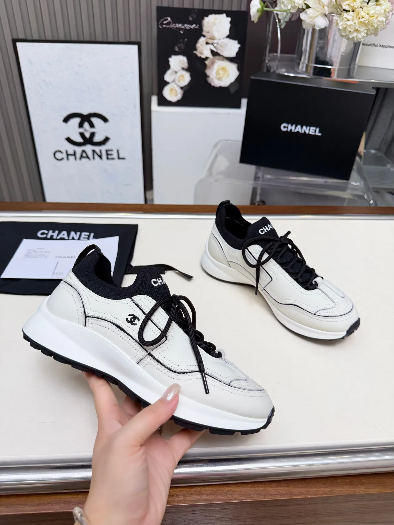 Chanel White and Black Leather CC Logo Chunky Sneakers