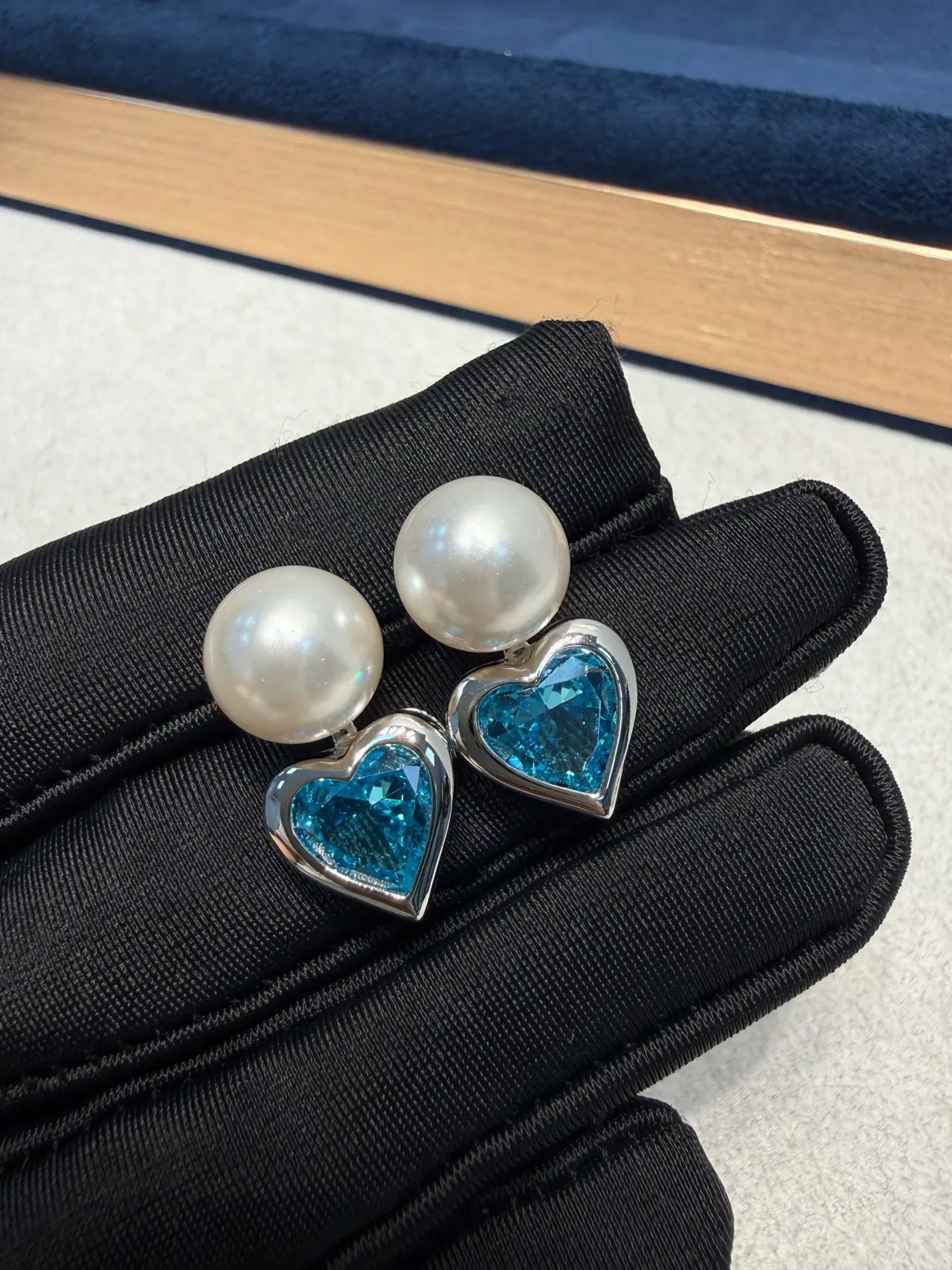 Pearl and Blue Heart Gemstone Stud Earrings