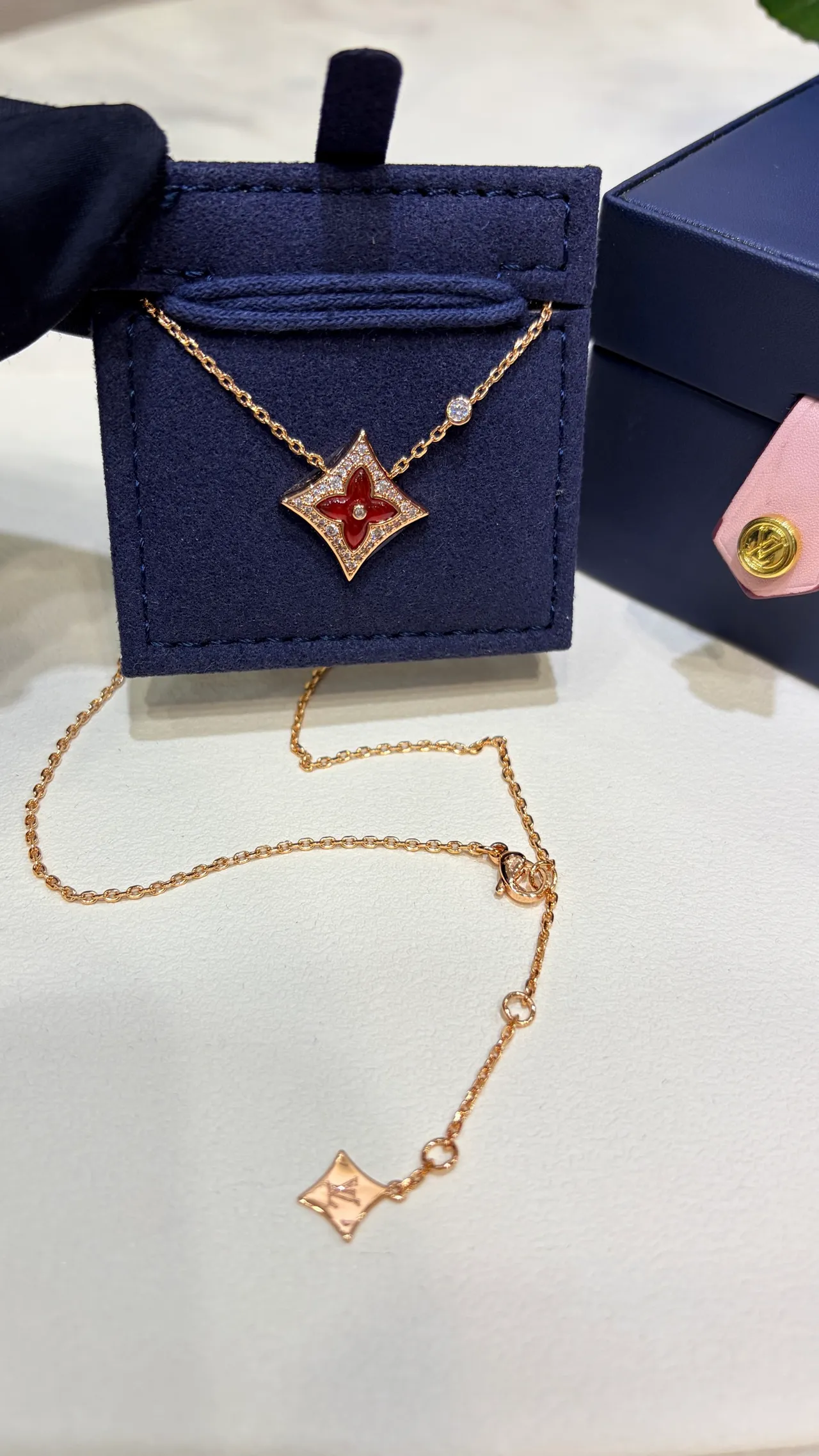 Louis Vuitton Red Enamel Floral Pendant Gold-Tone Necklace