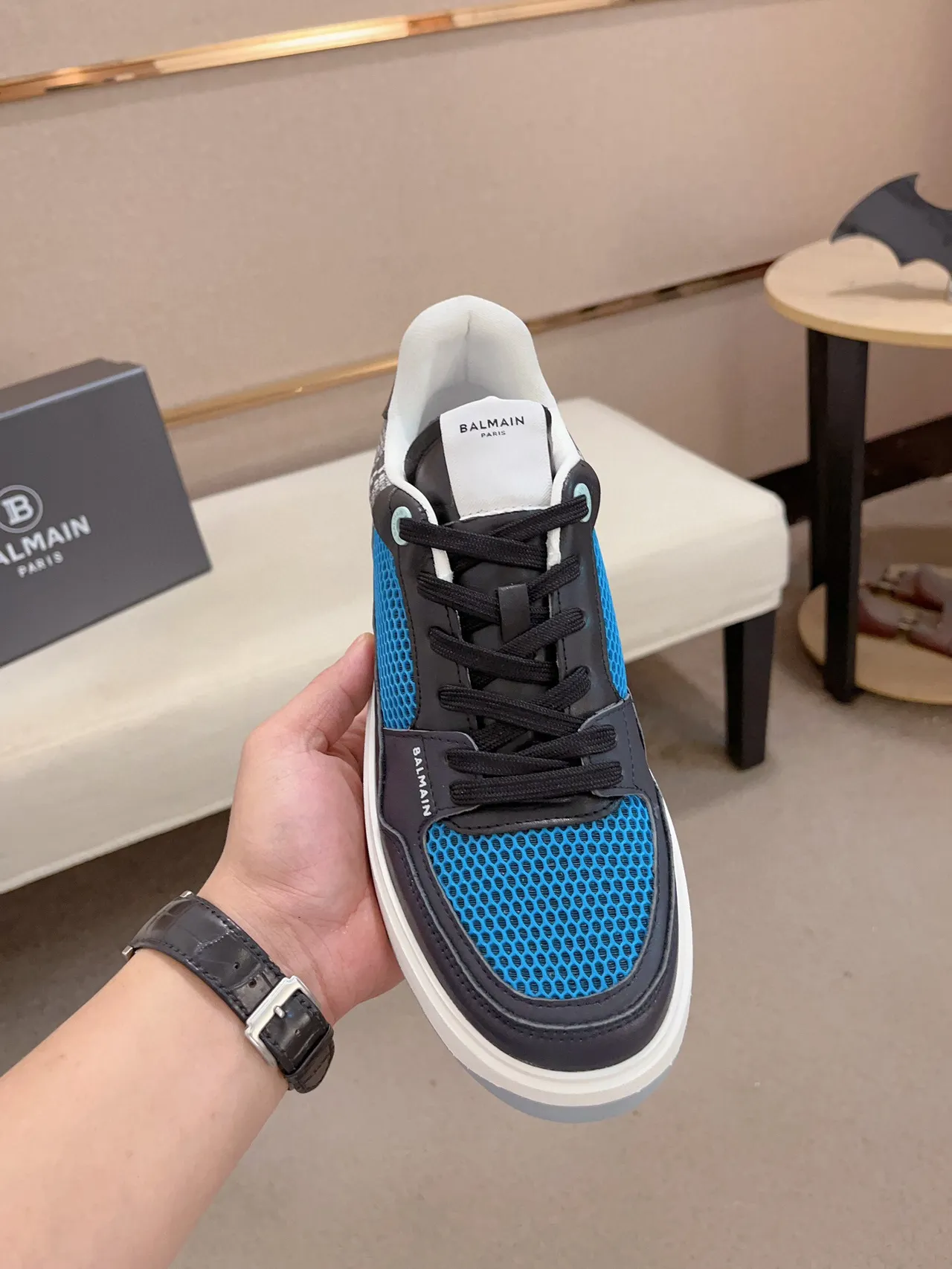 Balmain B-Court Blue Mesh and Black Leather Lifestyle Sneakers