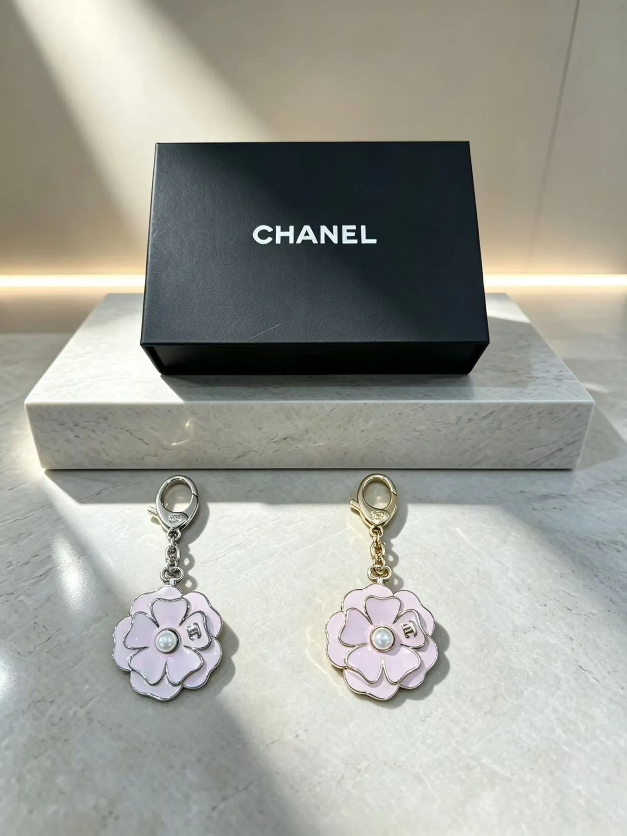 Chanel Camellia Flower Enamel Pearl Keychain Brooch