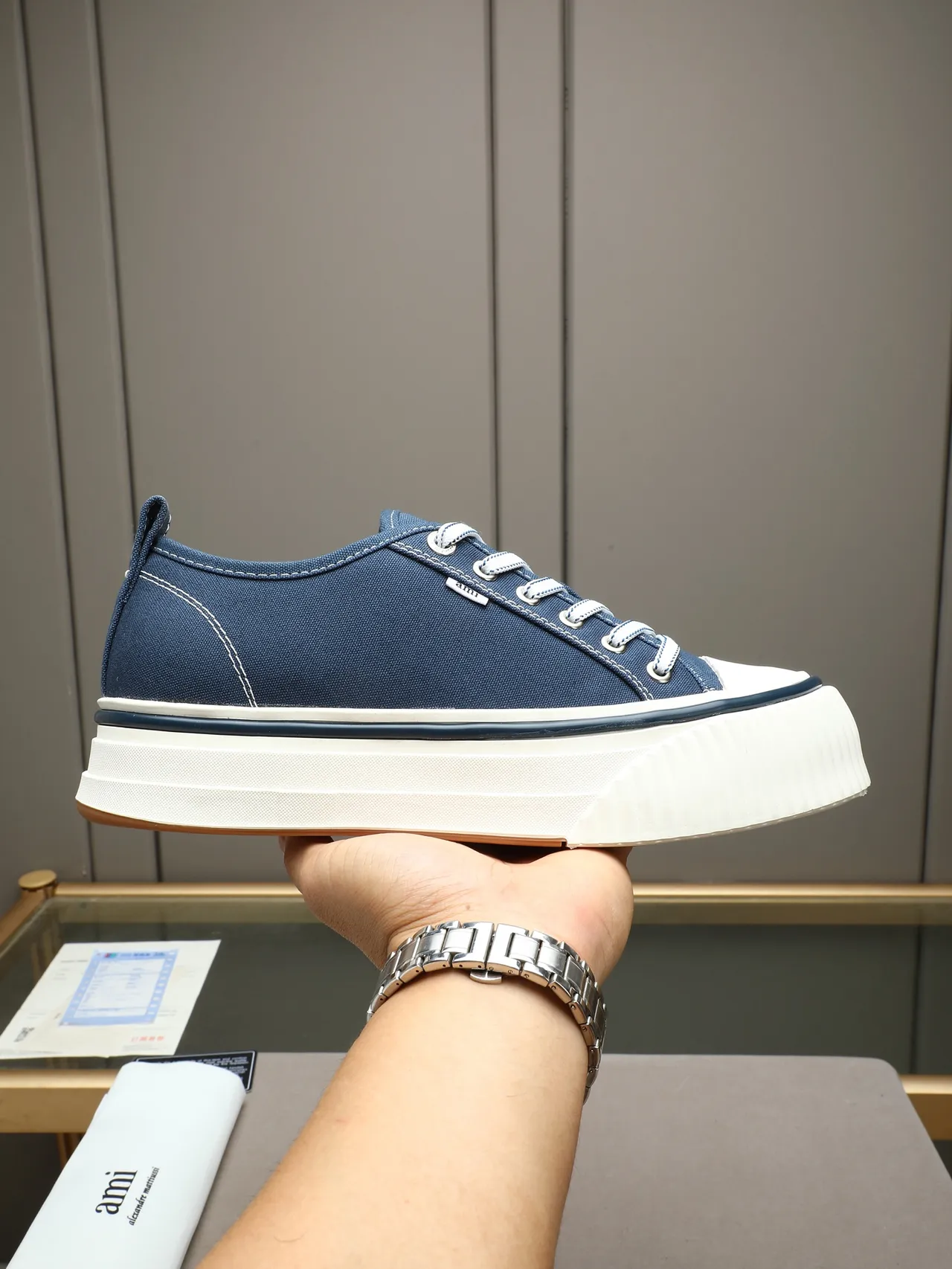 AMI Paris Canvas Platform Sneaker Navy White Upper Sole Lifestyle Sneakers