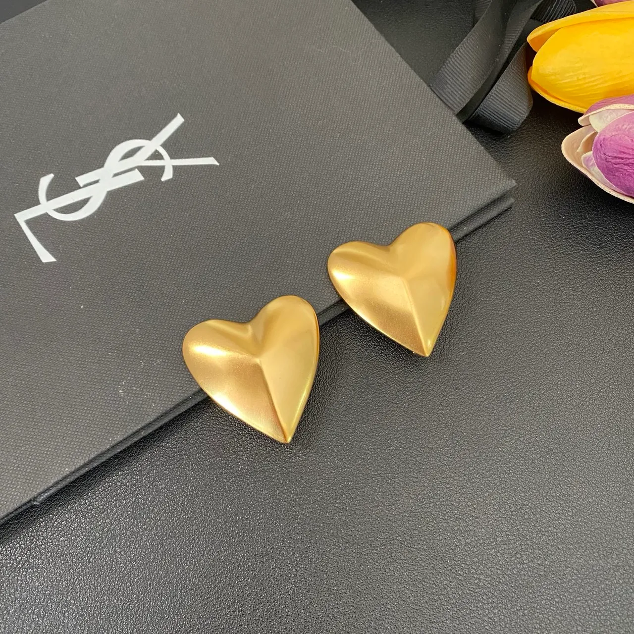 Saint Laurent Gold Sculpted Heart Metallic Earrings