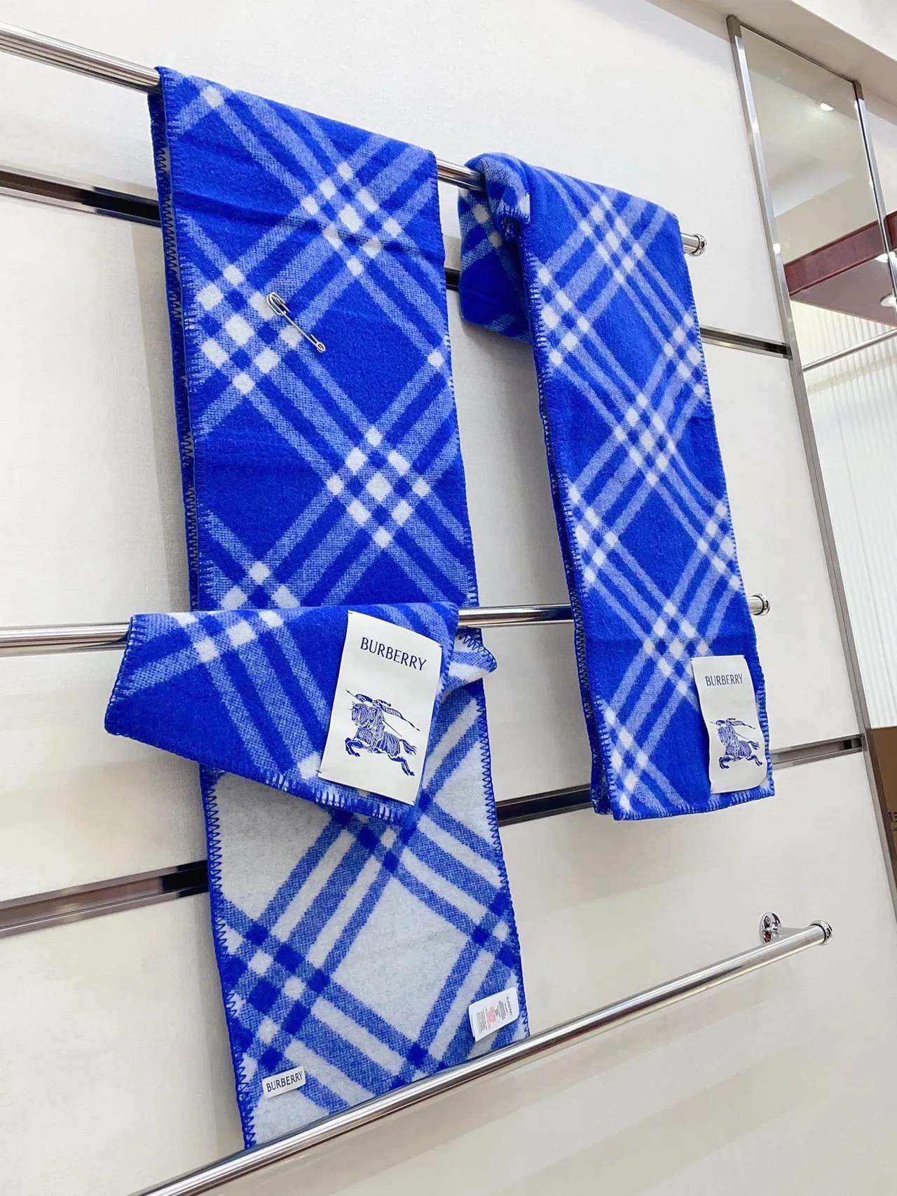 Burberry Blue and White Check Cashmere Scarf