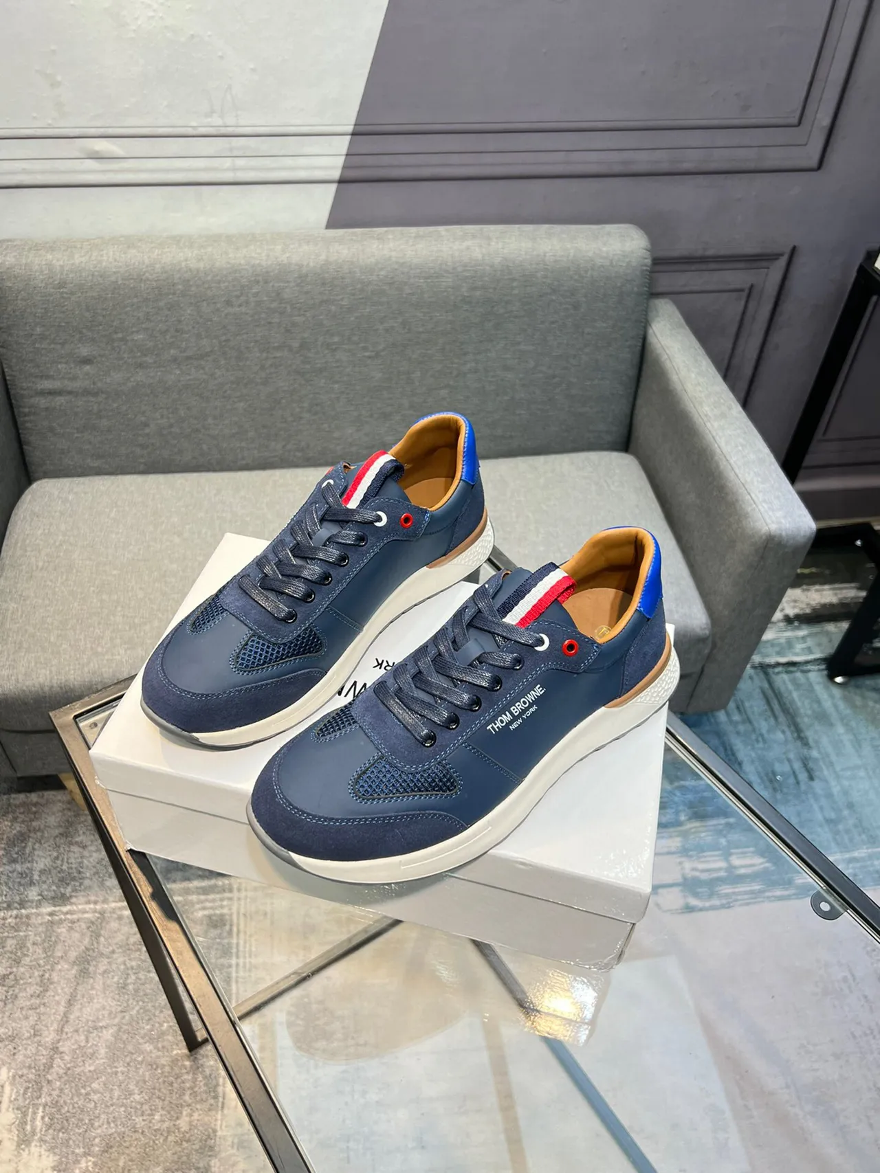 Thom Browne Navy Blue Mixed-Material Lifestyle Sneaker