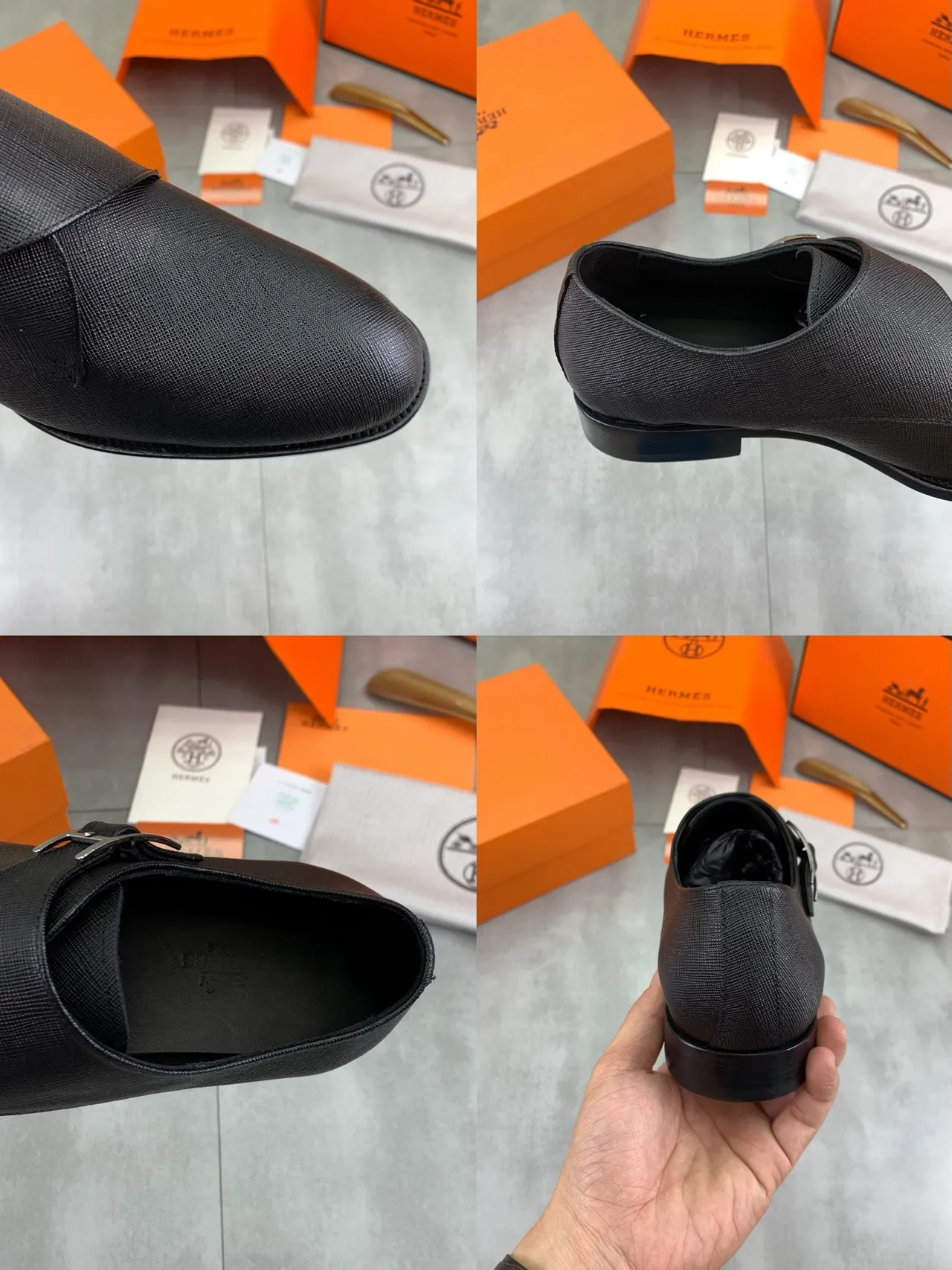 Hermès Black Textured Leather H-Buckle Monk Shoes