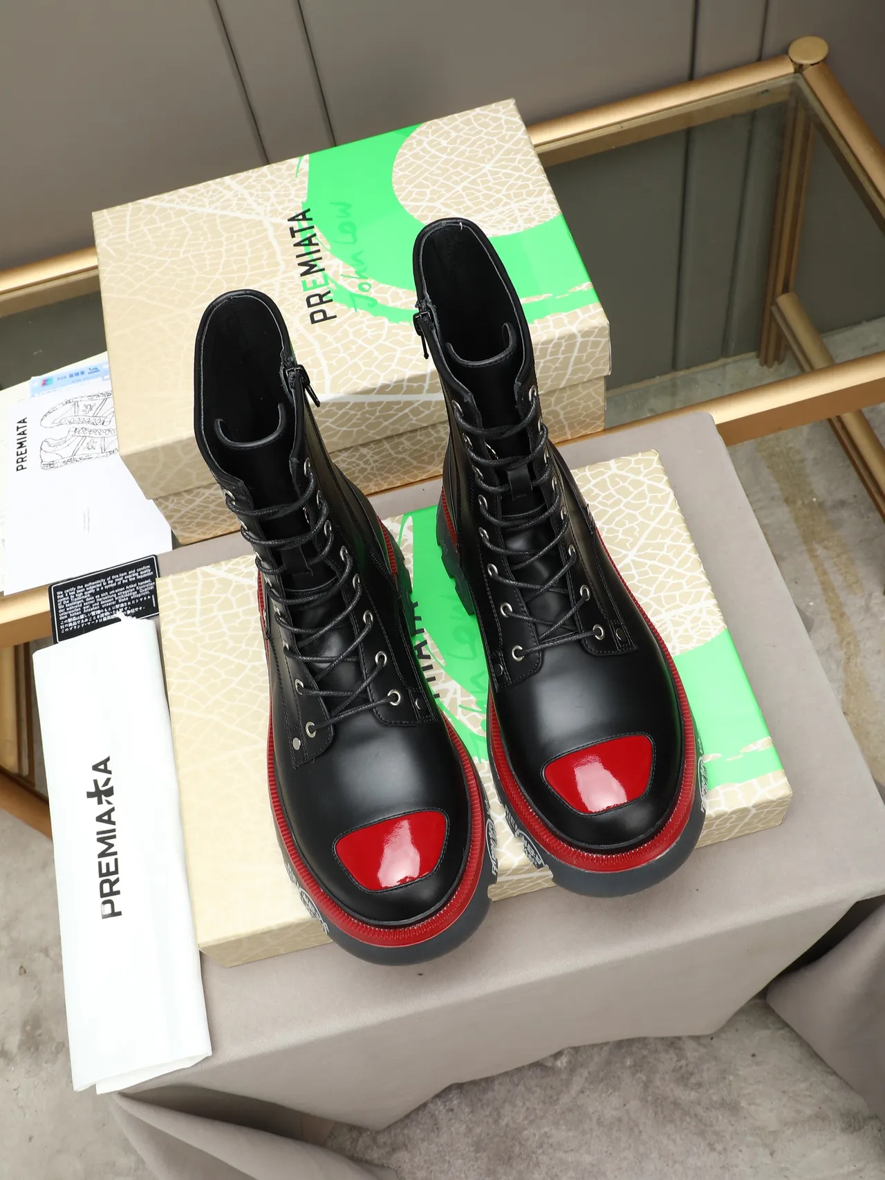 Premiata Rien Ne Va Plus Black Red Platform Sole Lace-Up Combat Style Martin Boots