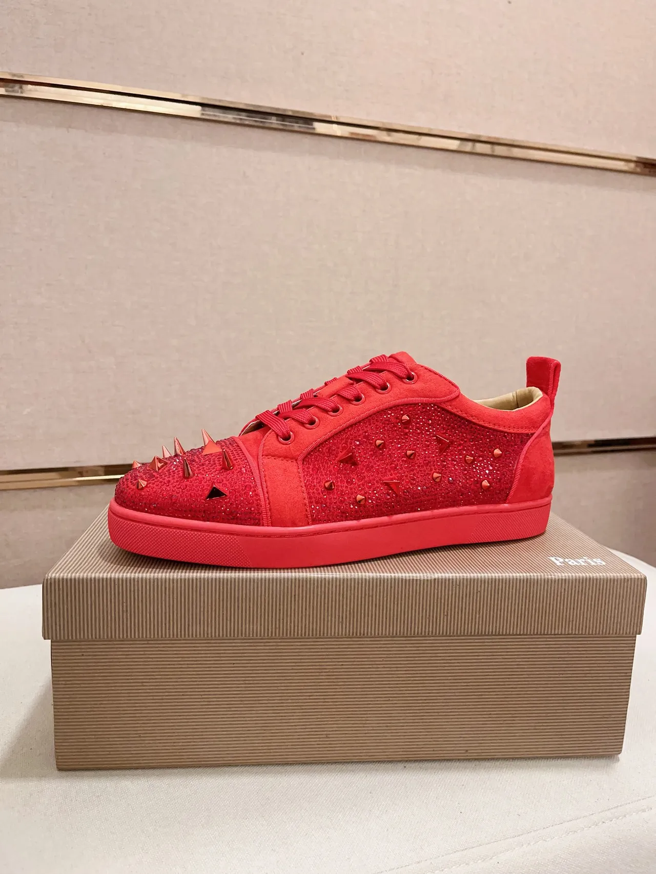 Christian Louboutin Spiked Crystal-Embellished Red Sneaker