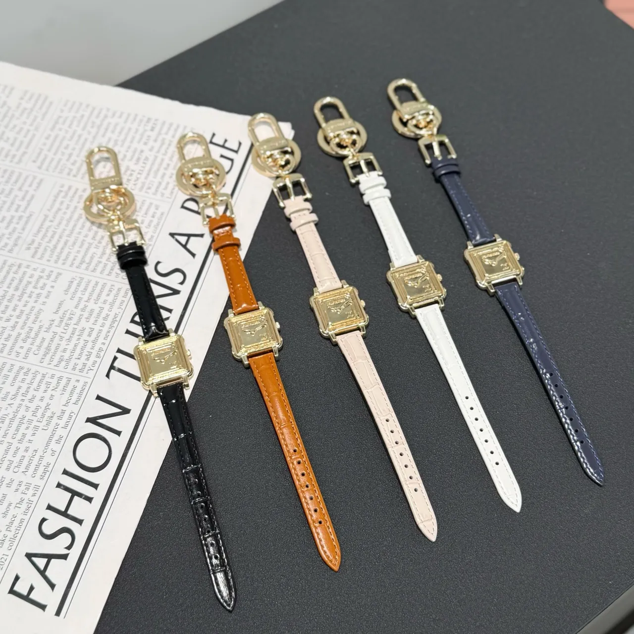 Gold Square Case Textured Leather Strap Watch