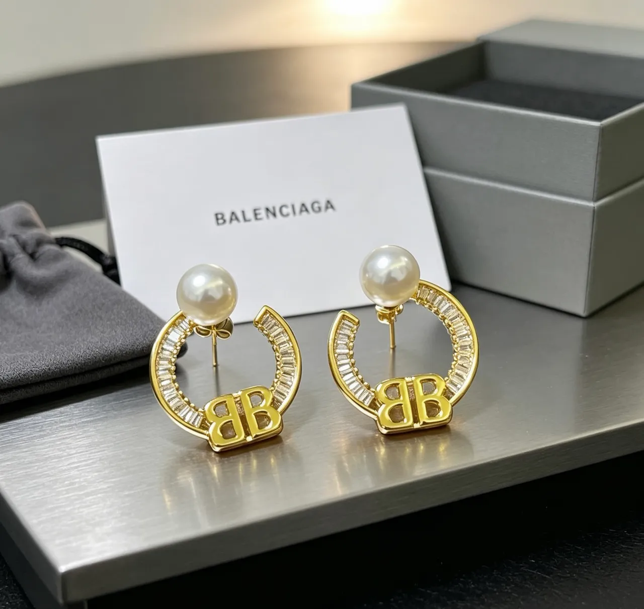 Balenciaga BB Hoop Pearl and Crystal Earrings