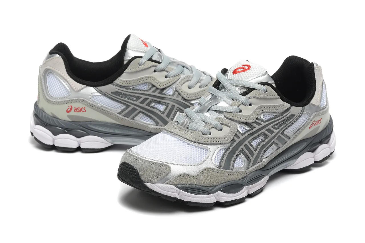 ASICS Gray White Layered Synthetic Overlays Mesh Ventilation Panels Running Shoes