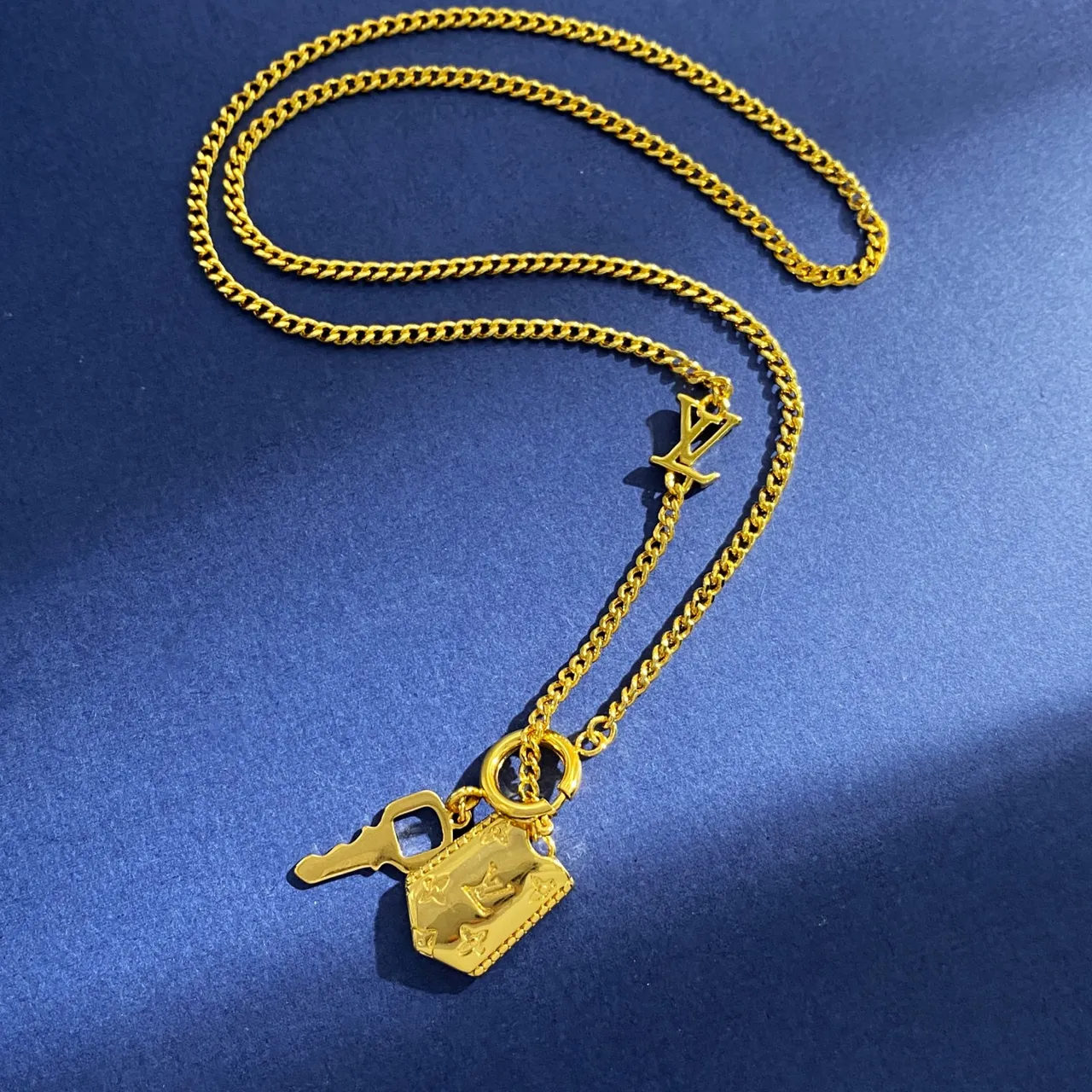 Louis Vuitton Gold Silver Chain-Link Monogram Pendant Necklace