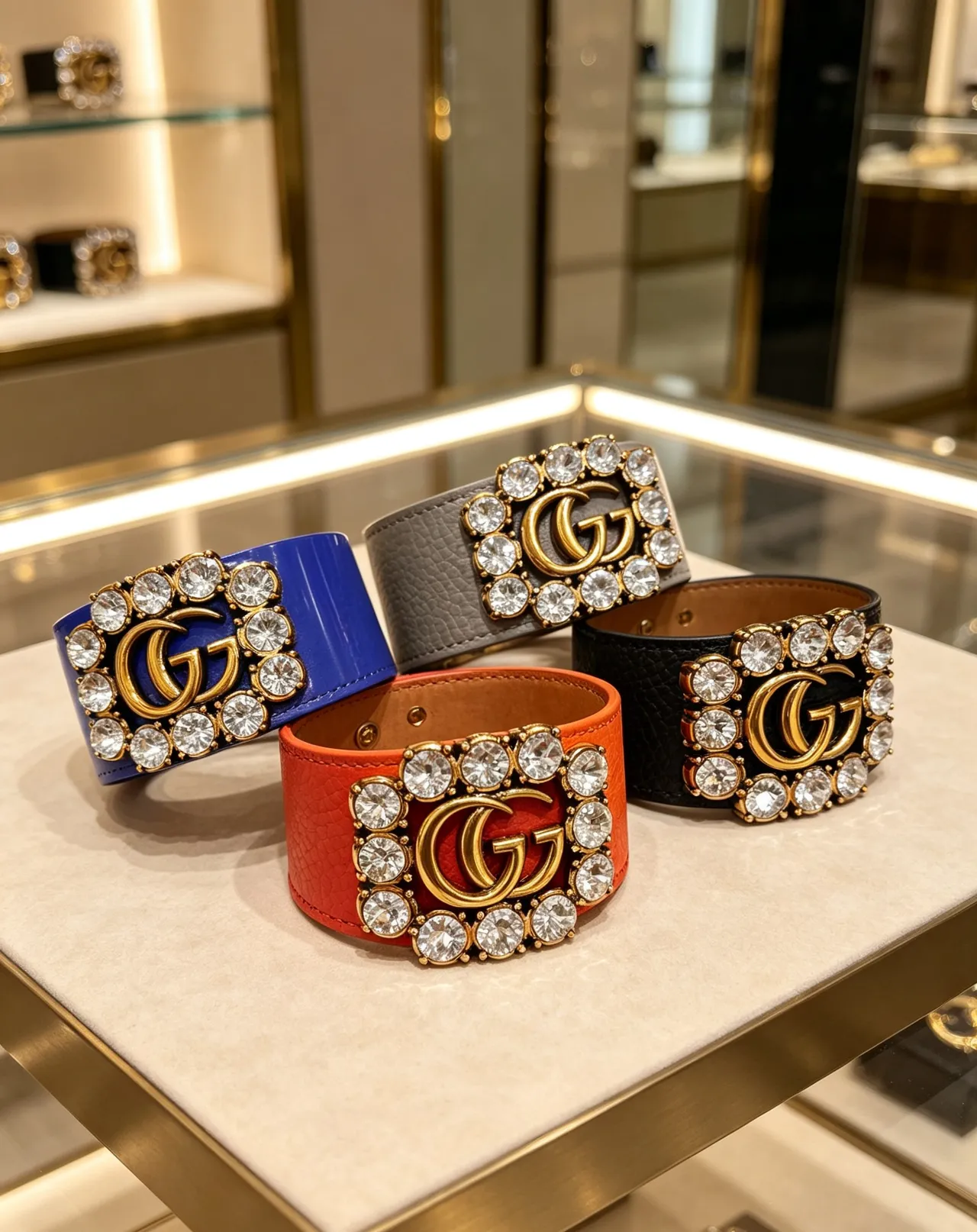Gucci GG Marmont Crystal-Embellished Leather Belt