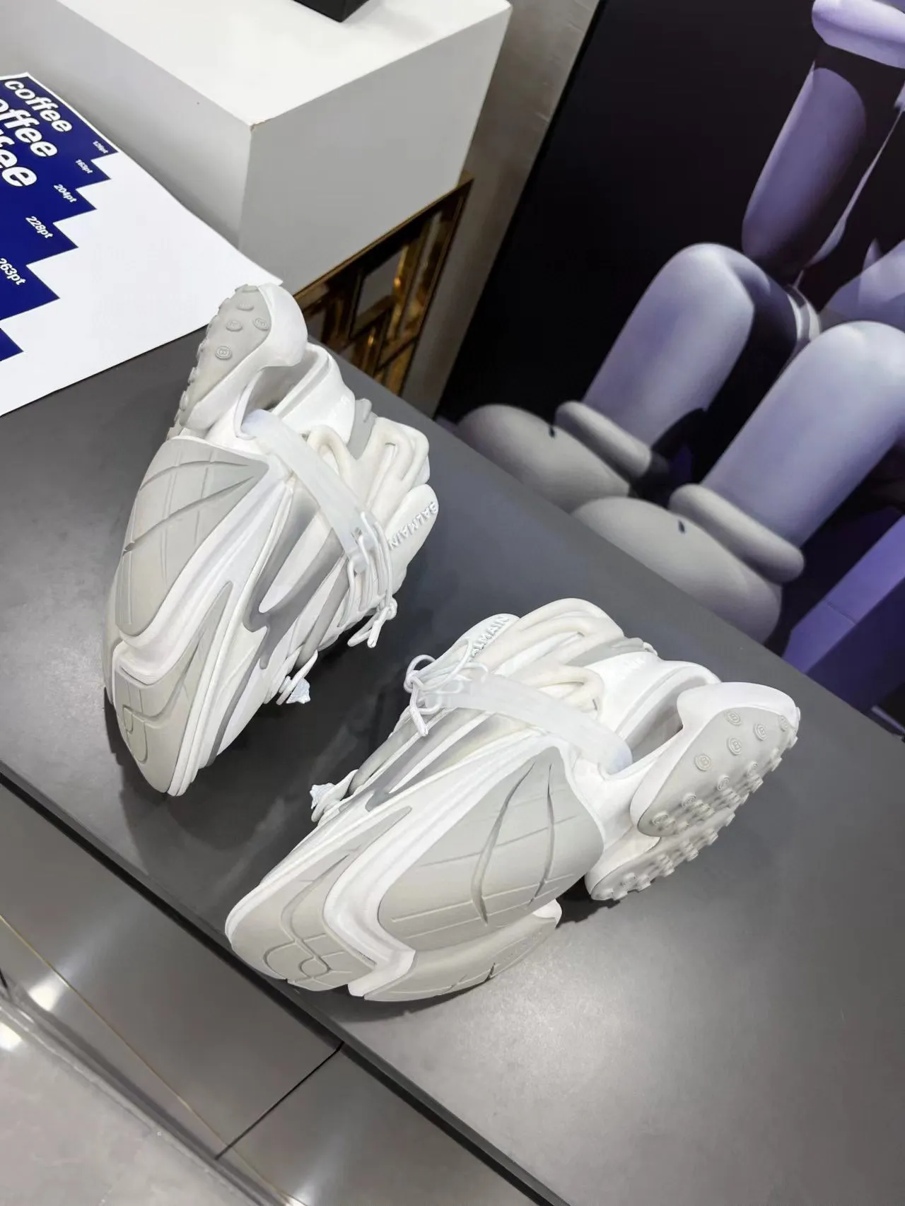Balmain White Gray Sculpted Sole Asymmetrical Lacing Chunky Sneakers