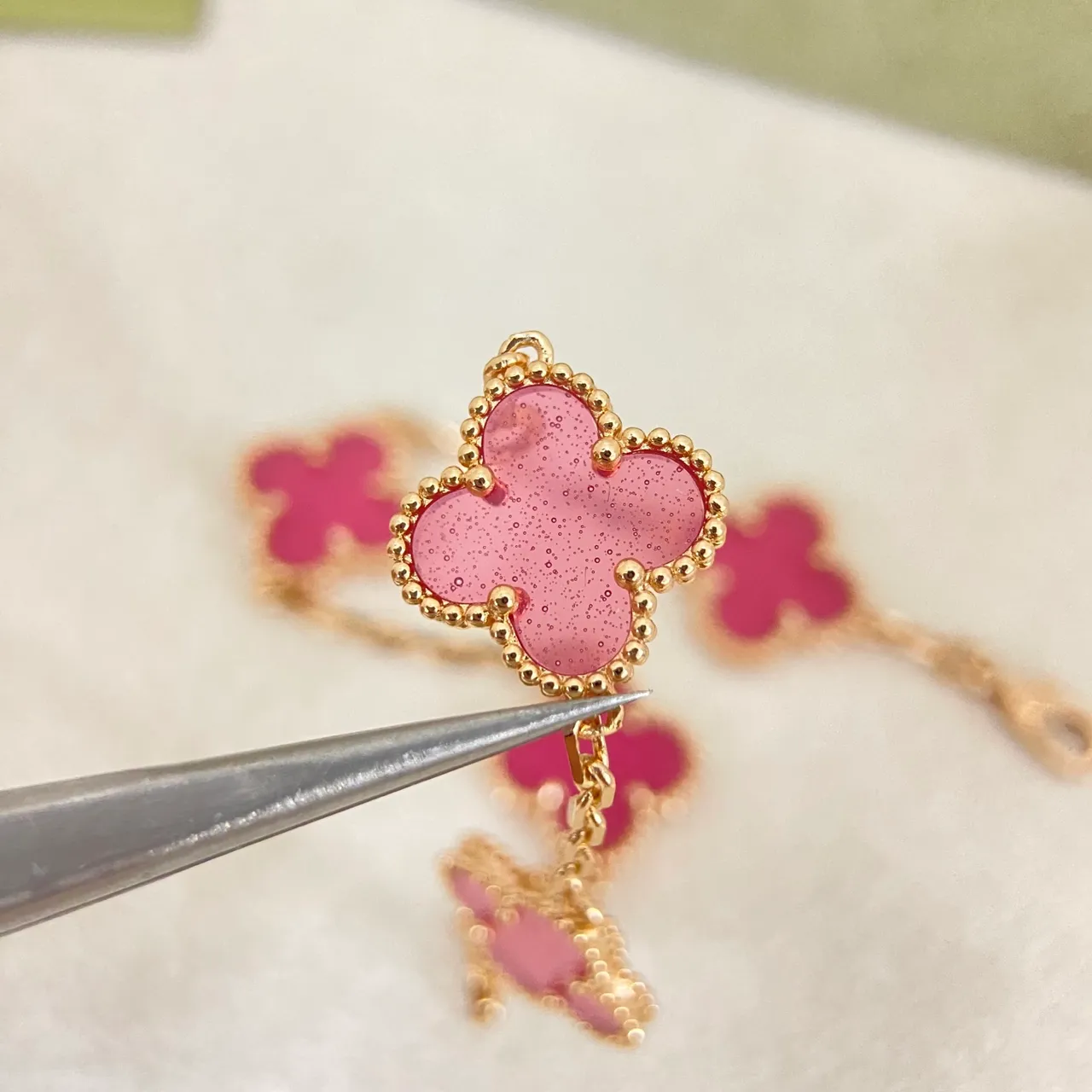 Van Cleef & Arpels Alhambra Pink Enamel Gold and Silver Bracelet