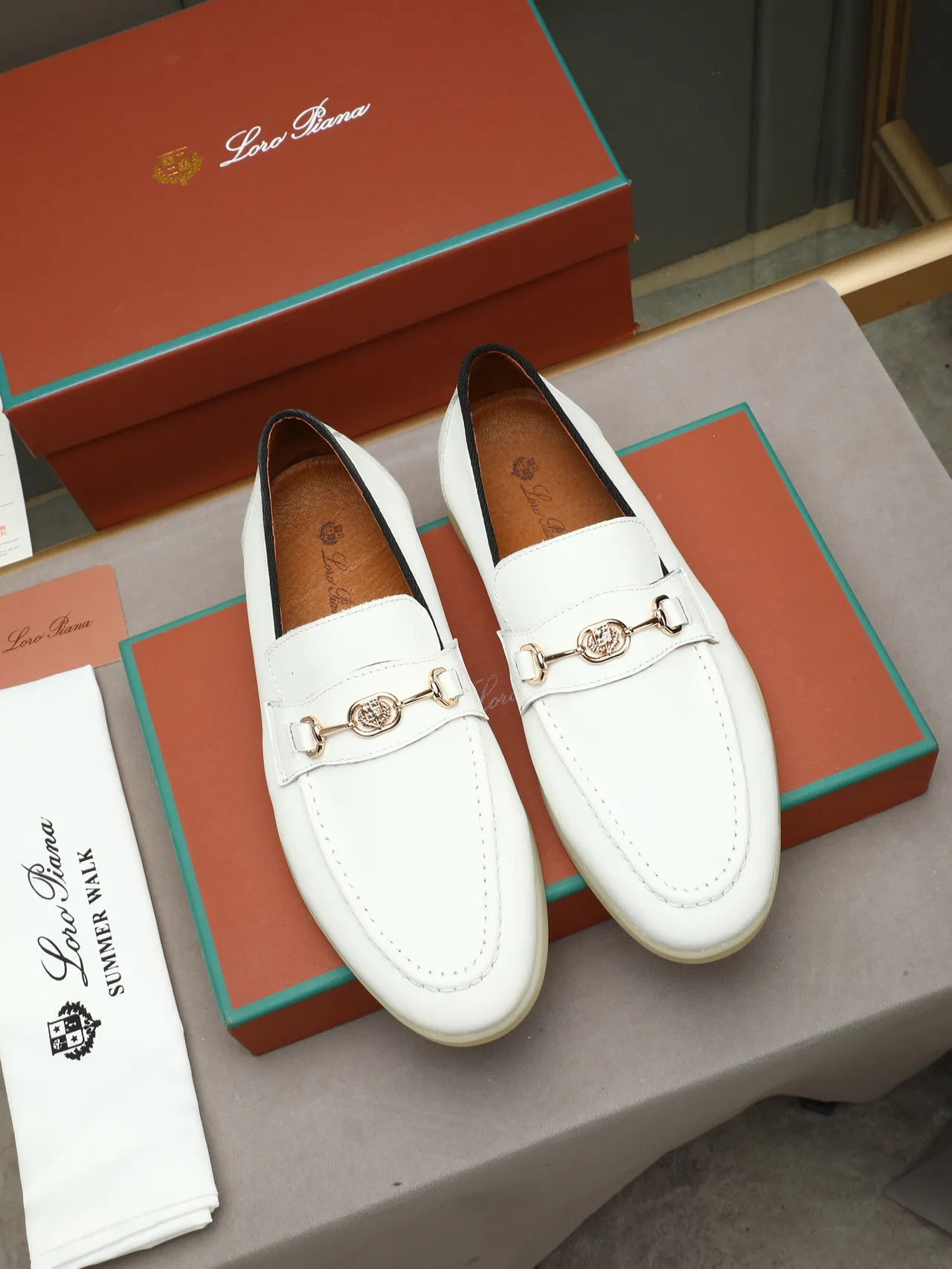 Loro Piana White Beige Leather Horsebit Buckle Loafer