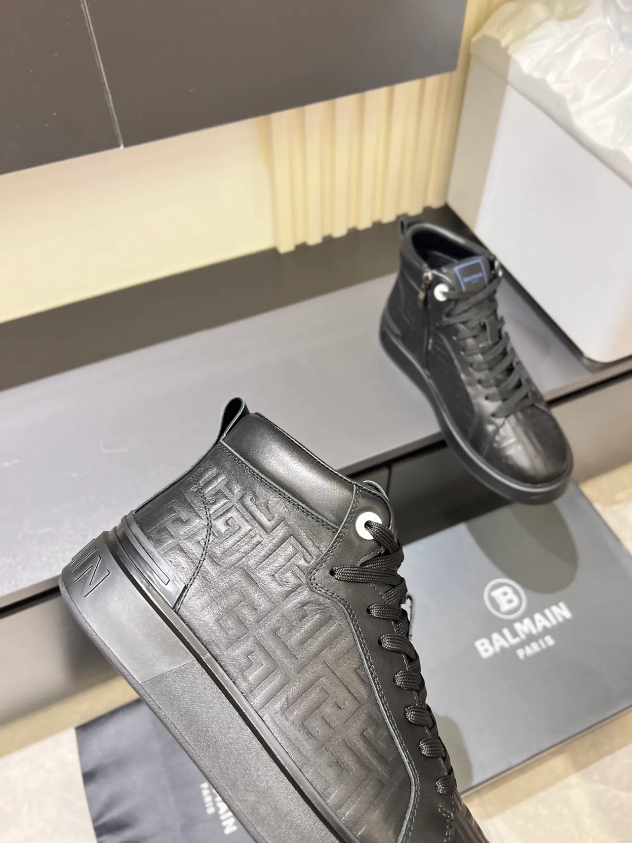 Balmain B-Court Black Embossed Monogram High-Top Lifestyle Sneakers