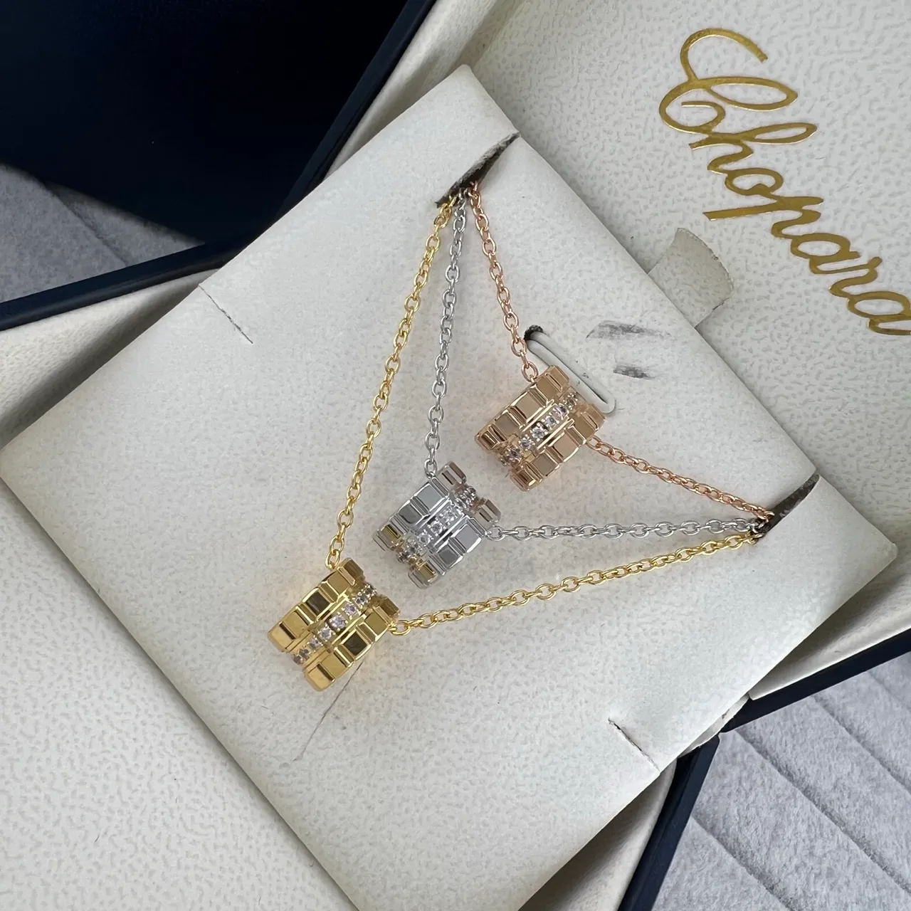 Chopard Gold Silver Geometric Barrel Pendant Pavé-Set Stones Necklace
