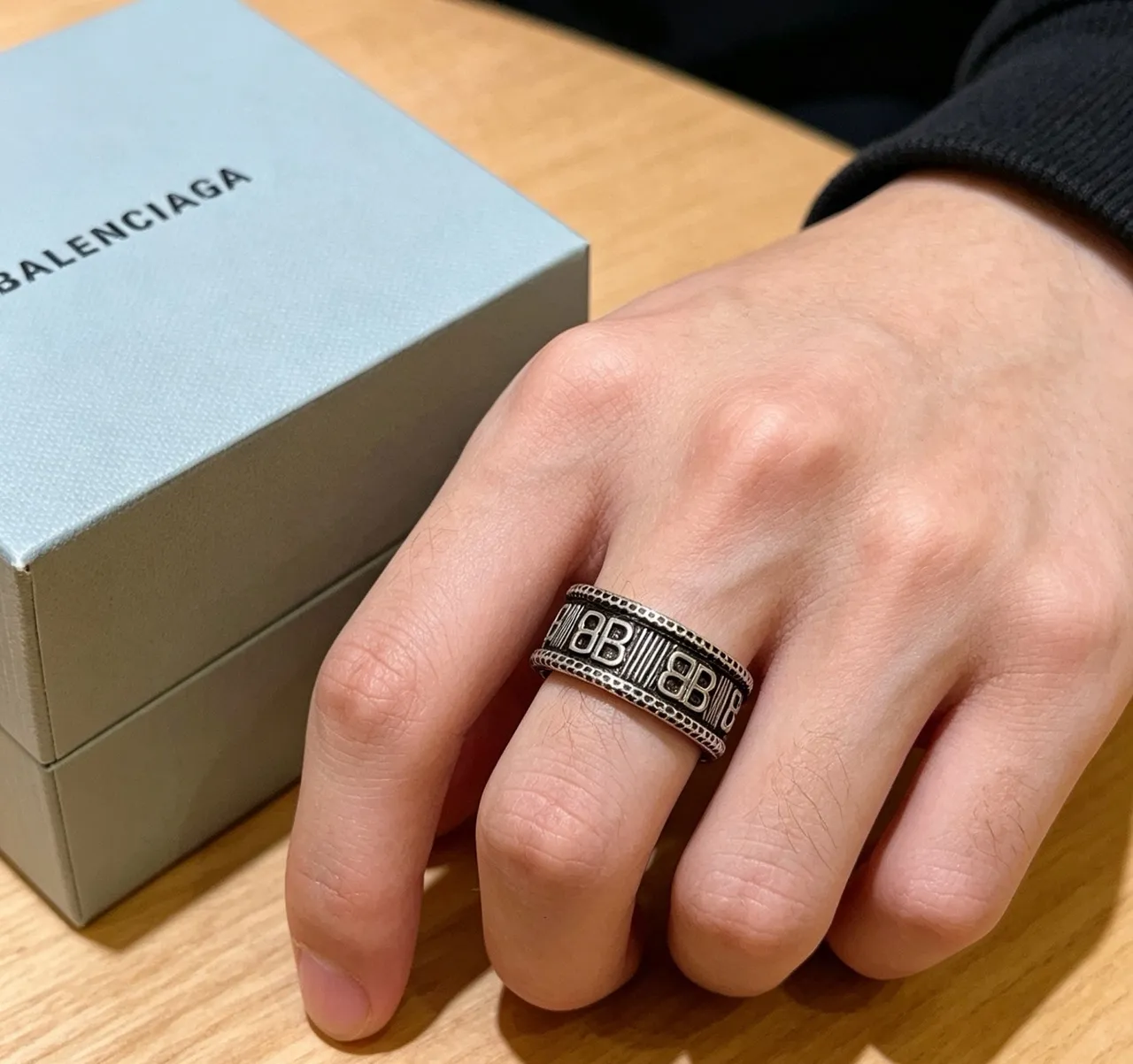 Balenciaga Logo Ring Silver Black Wide Band Engraved Ring
