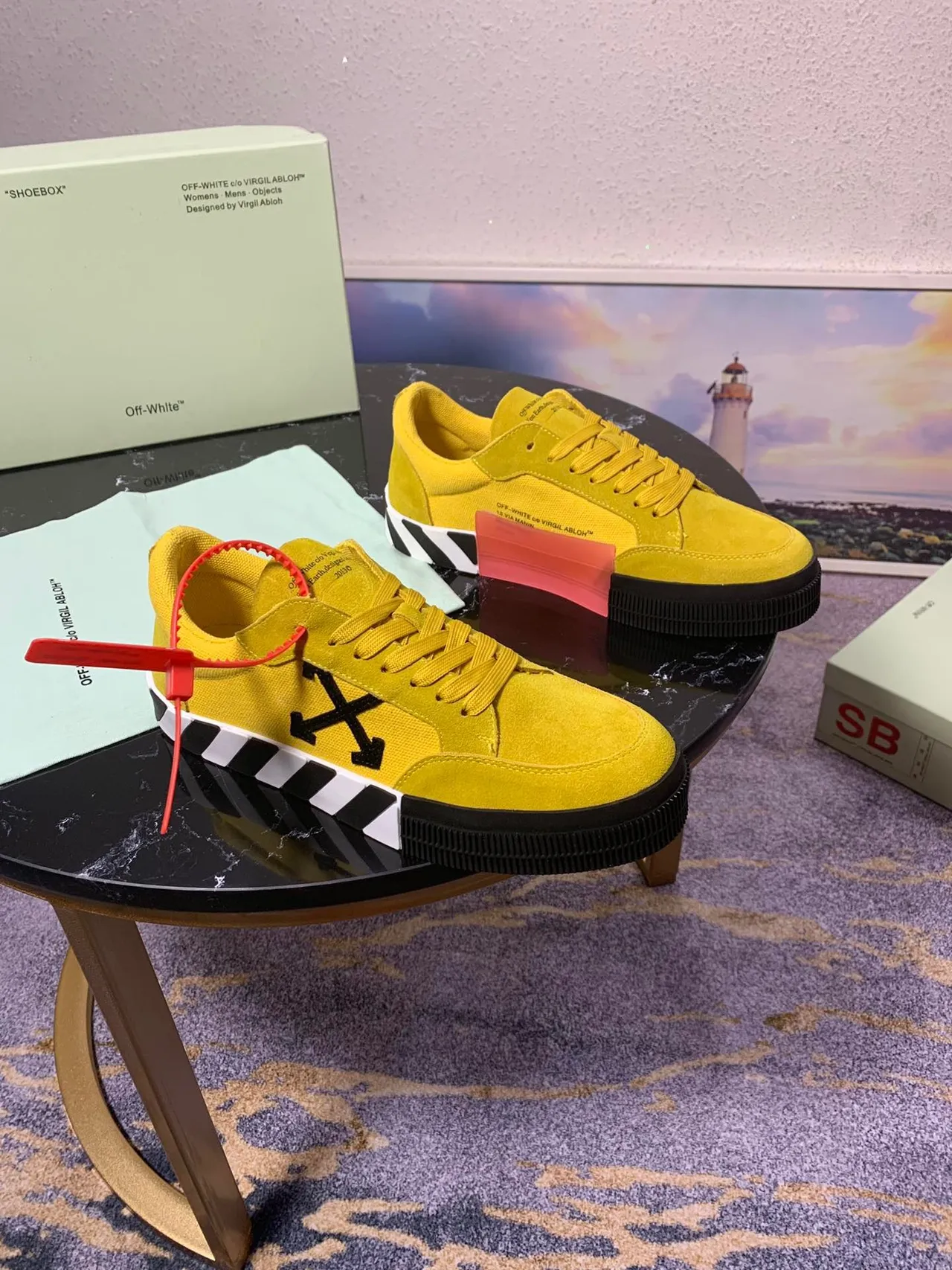 Off-White The Ten Yellow Black Suede Upper Diagonal Arrow Logo Lifestyle Sneakers