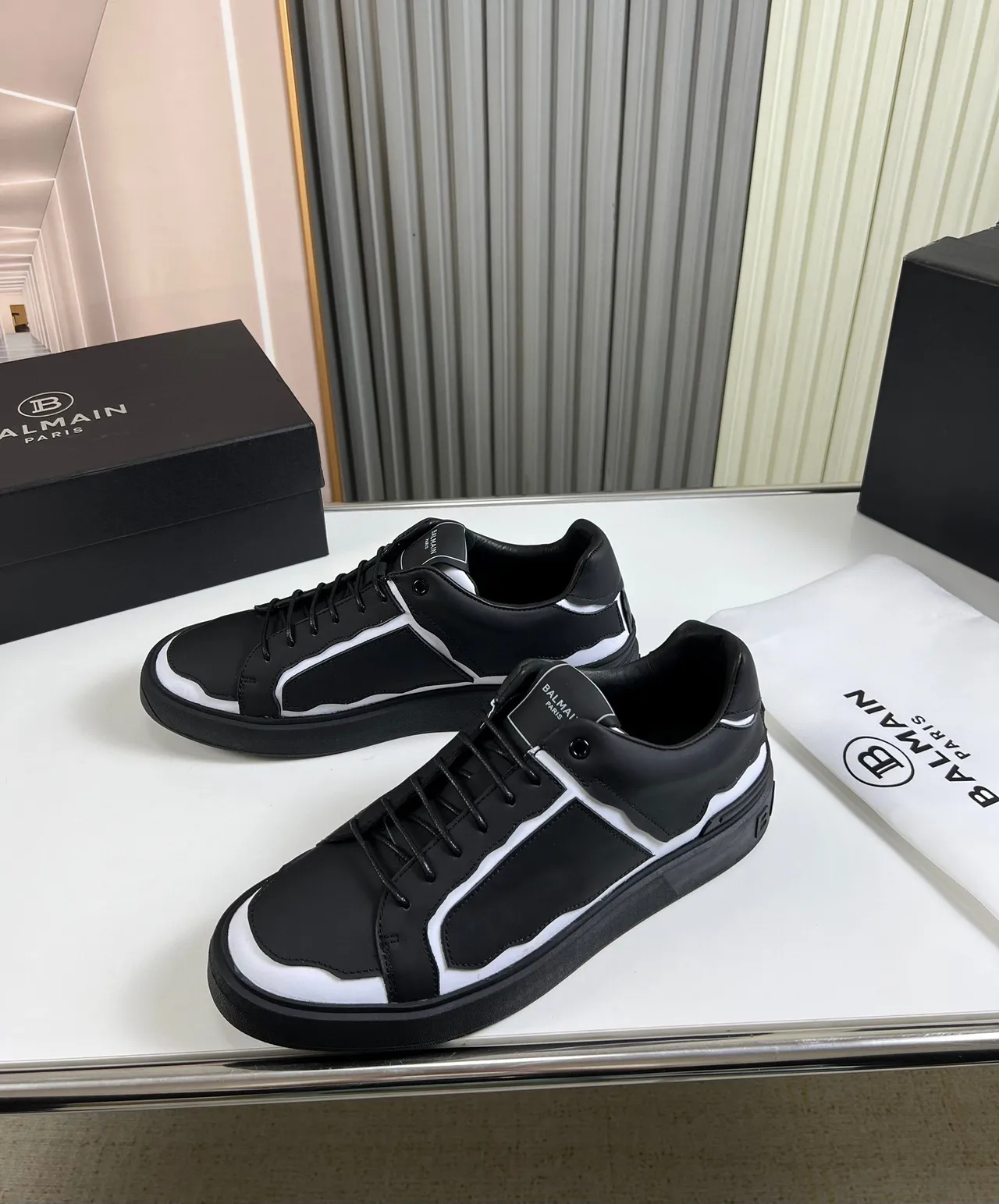 Balmain Black White Structured Leather Upper Asymmetrical Wave Paneling Lifestyle Sneakers