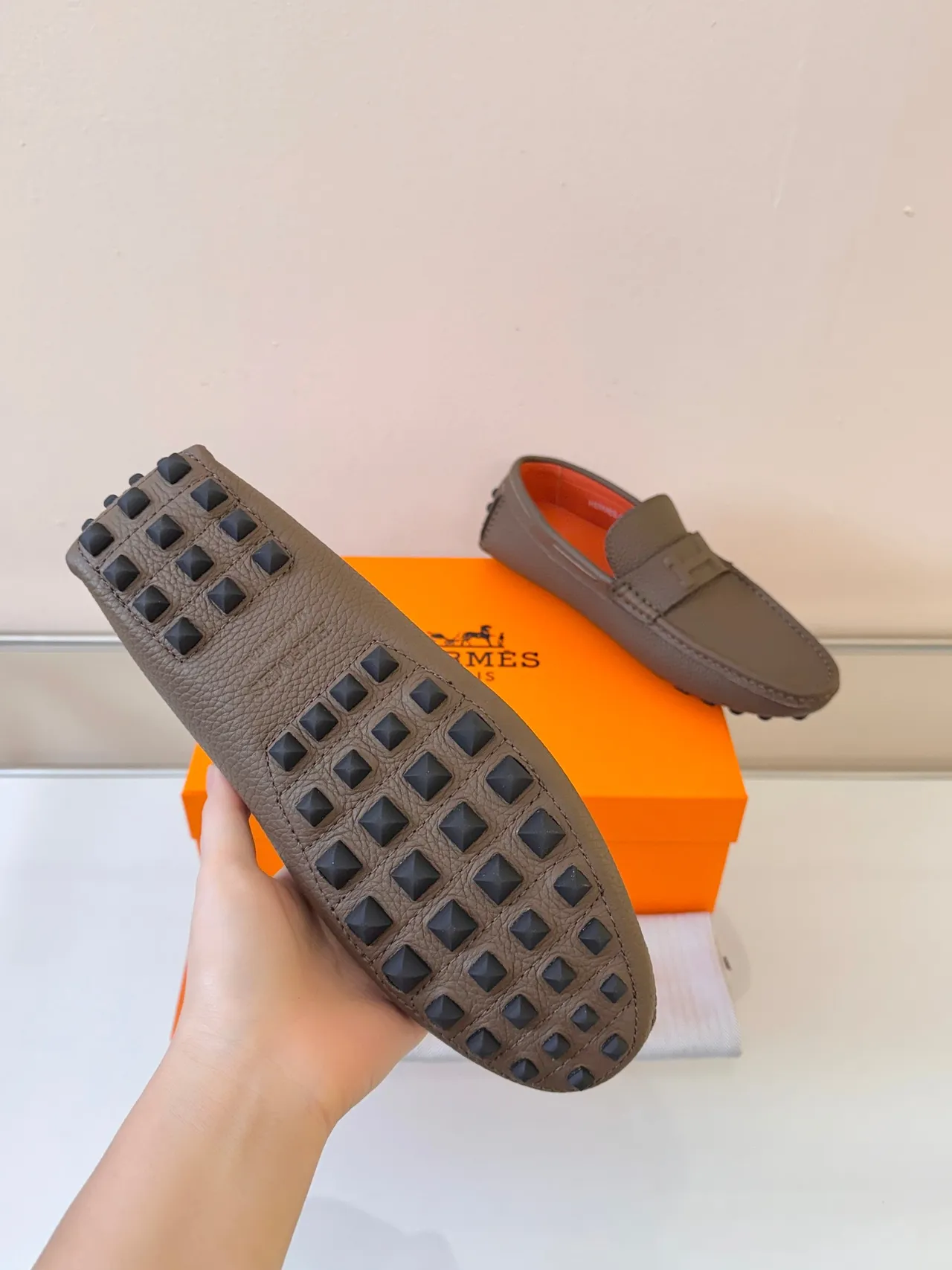 Hermès Oran Brown Orange Pebbled Leather H-Strap Loafer