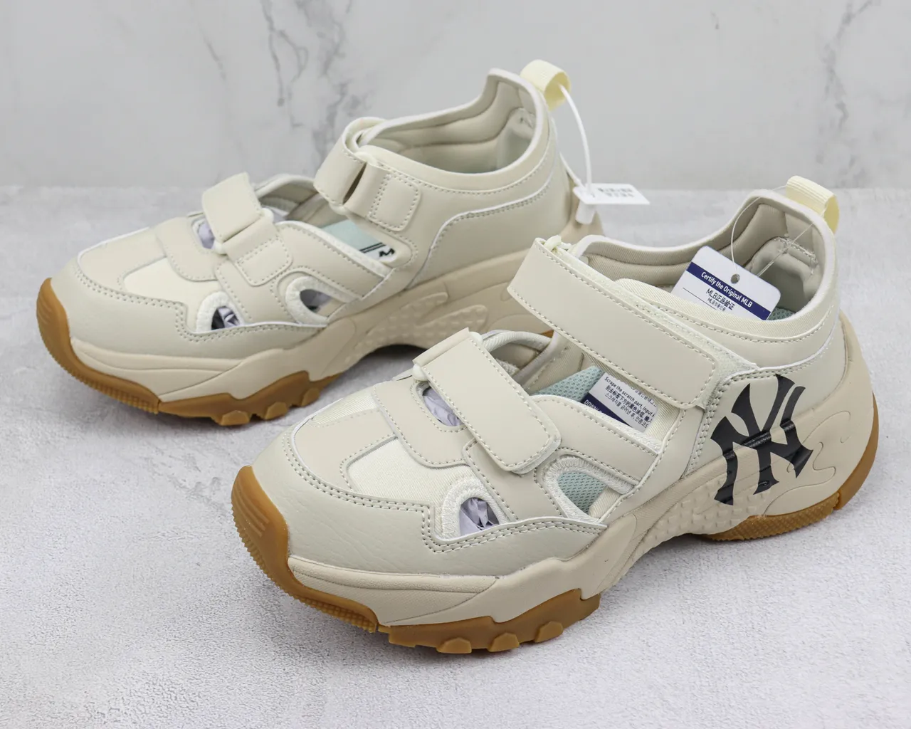 New Era Beige Black Chunky Sole Velcro Strap Closure Casual Sandals