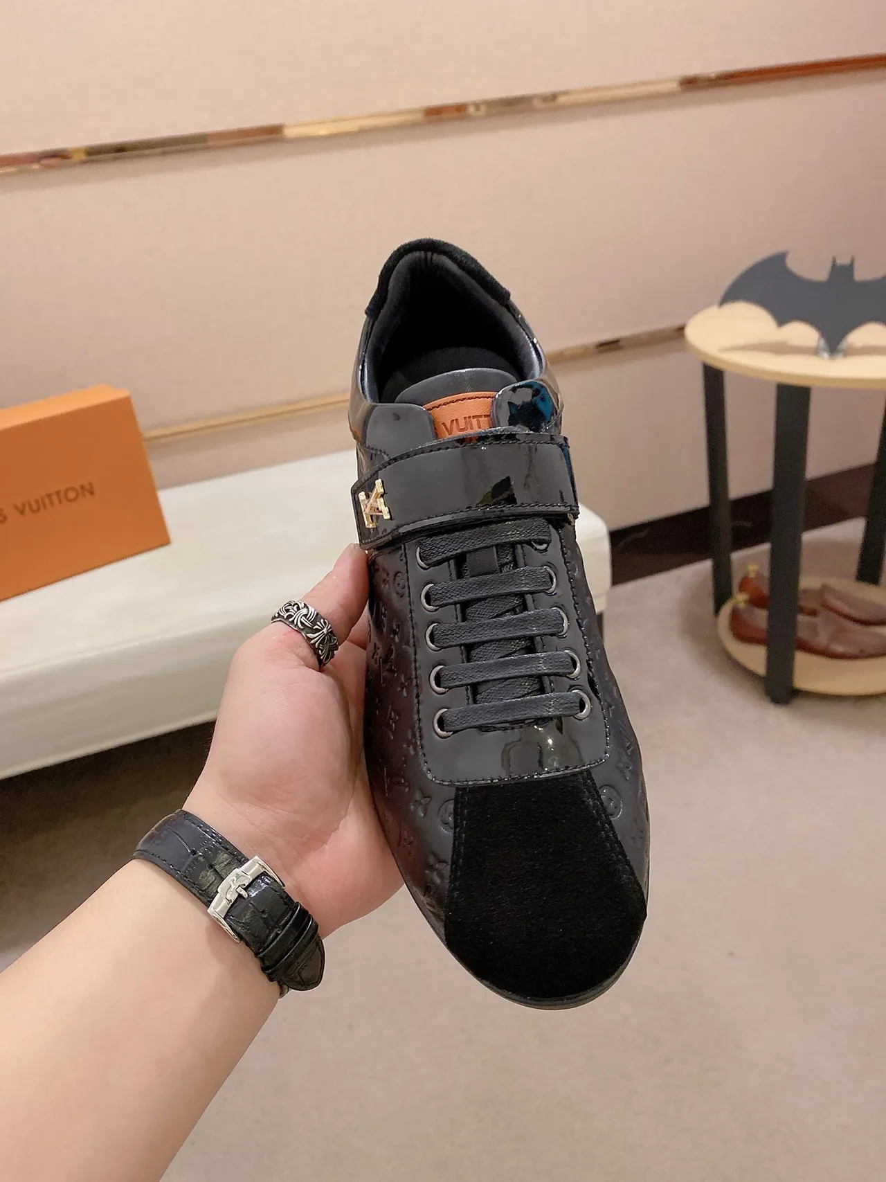 Louis Vuitton LV Trainer Black Gold Monogrammed Patent Leather Suede Toe Cap Lifestyle Sneakers
