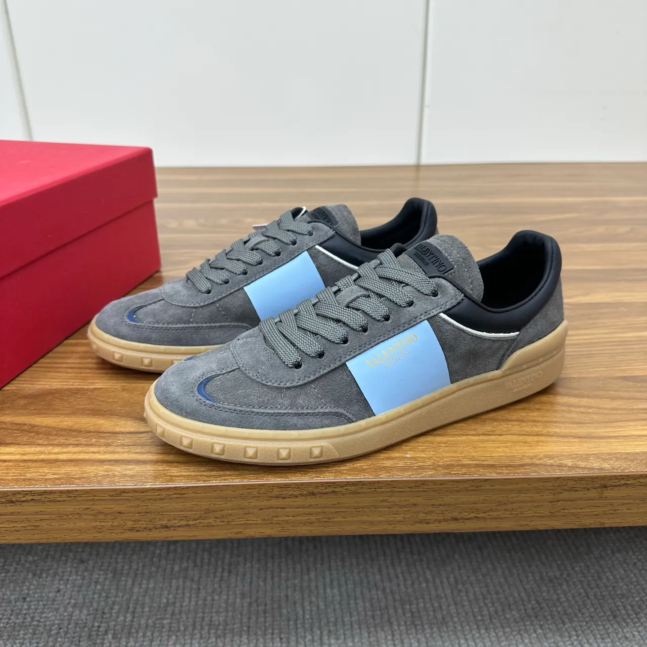 Valentino Gray Blue Suede Upper Light Side Stripe Lifestyle Sneakers