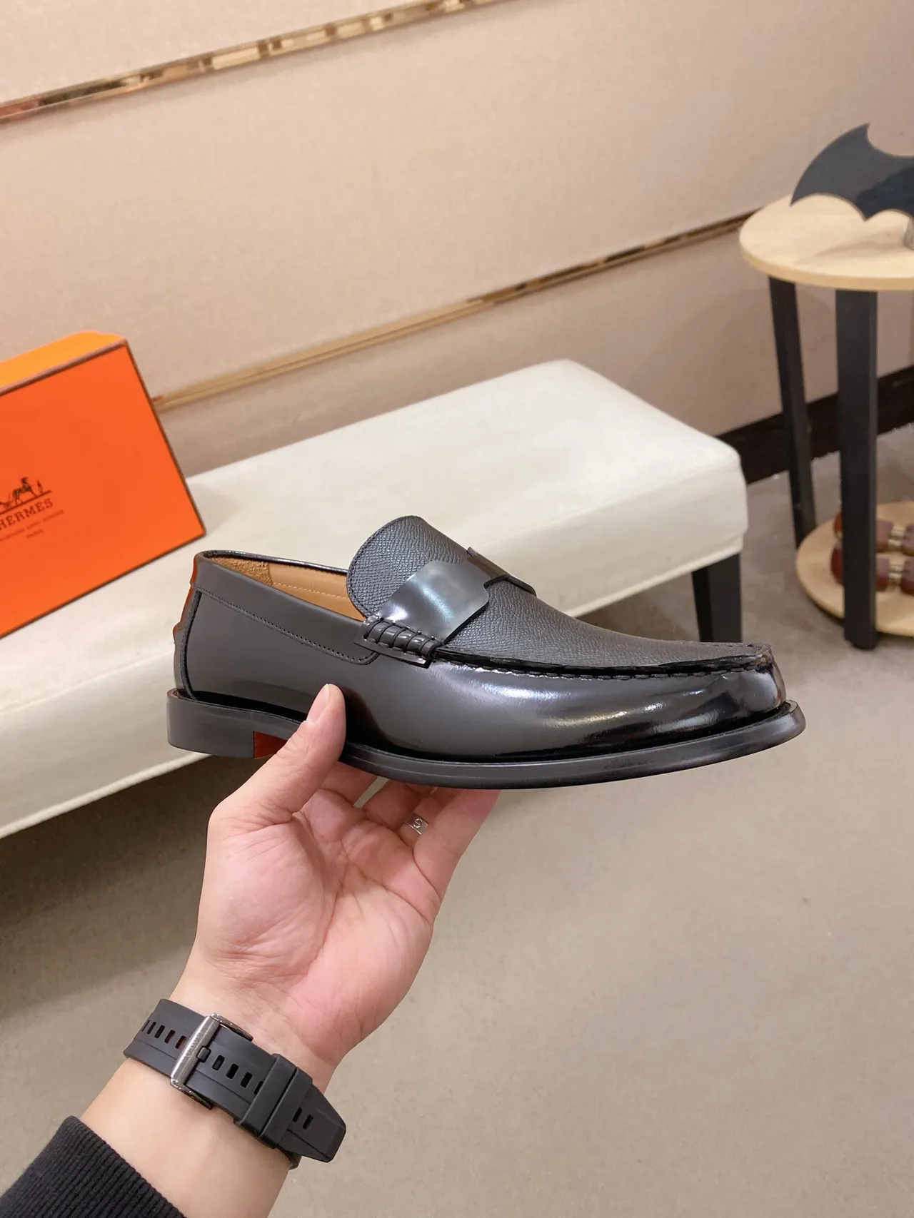 Black Gray Patent And Textured Leather Moc-Toe Construction Loafer