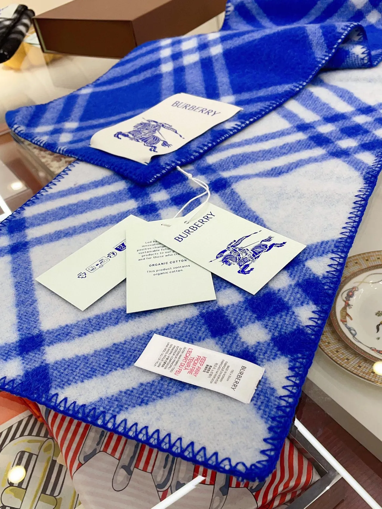 Burberry Blue and White Check Cashmere Scarf