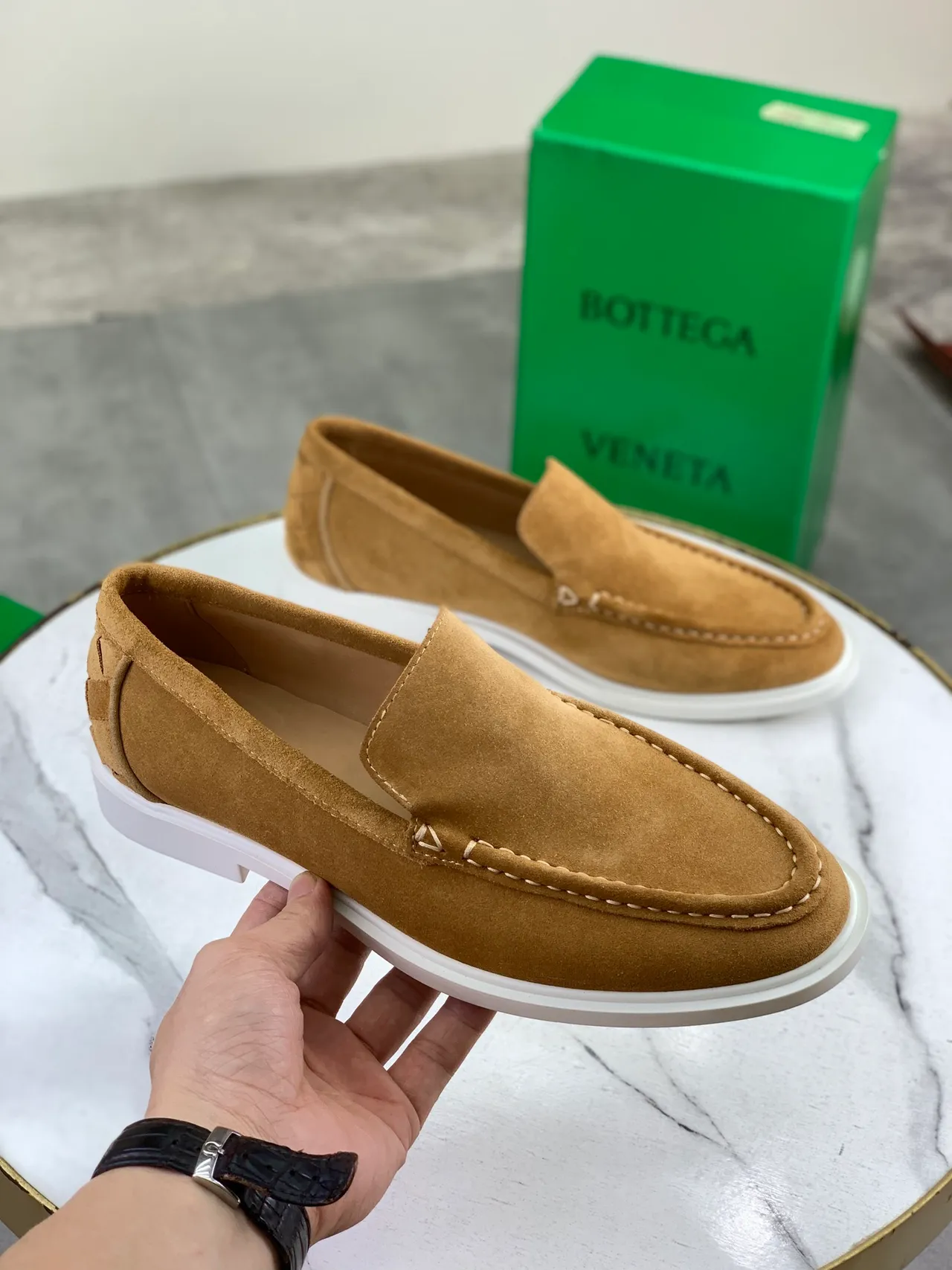 Bottega Veneta Andiamo Tan Suede Loafers