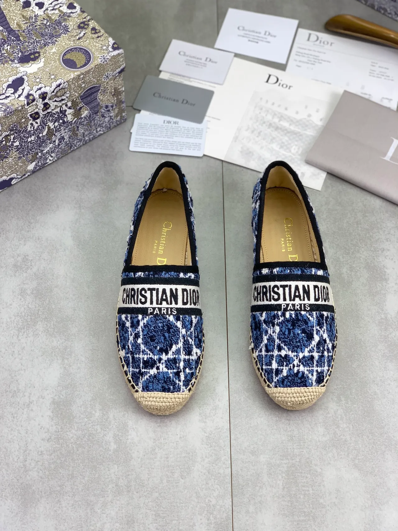 Dior Navy White Woven Tweed Upper Jute Espadrille Sole Boat Shoes