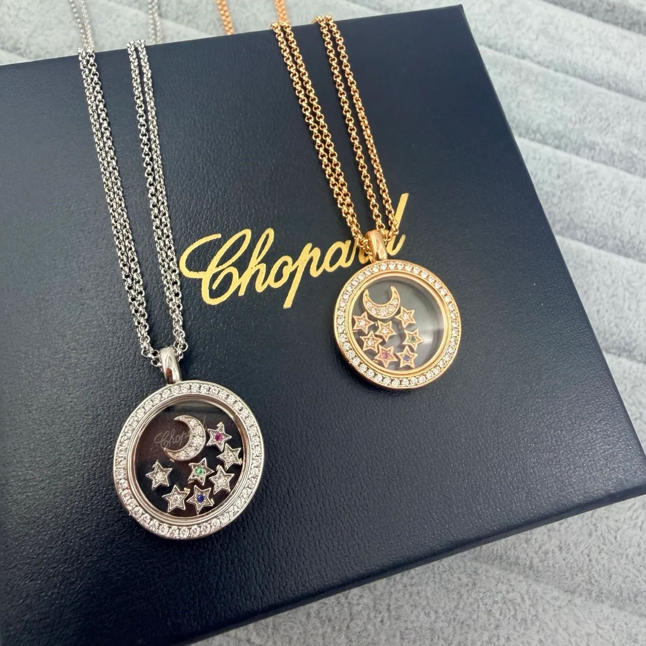 Chopard Happy Stars Silver Gold Circular Locket Pendant Pavé Diamond Bezel Necklace