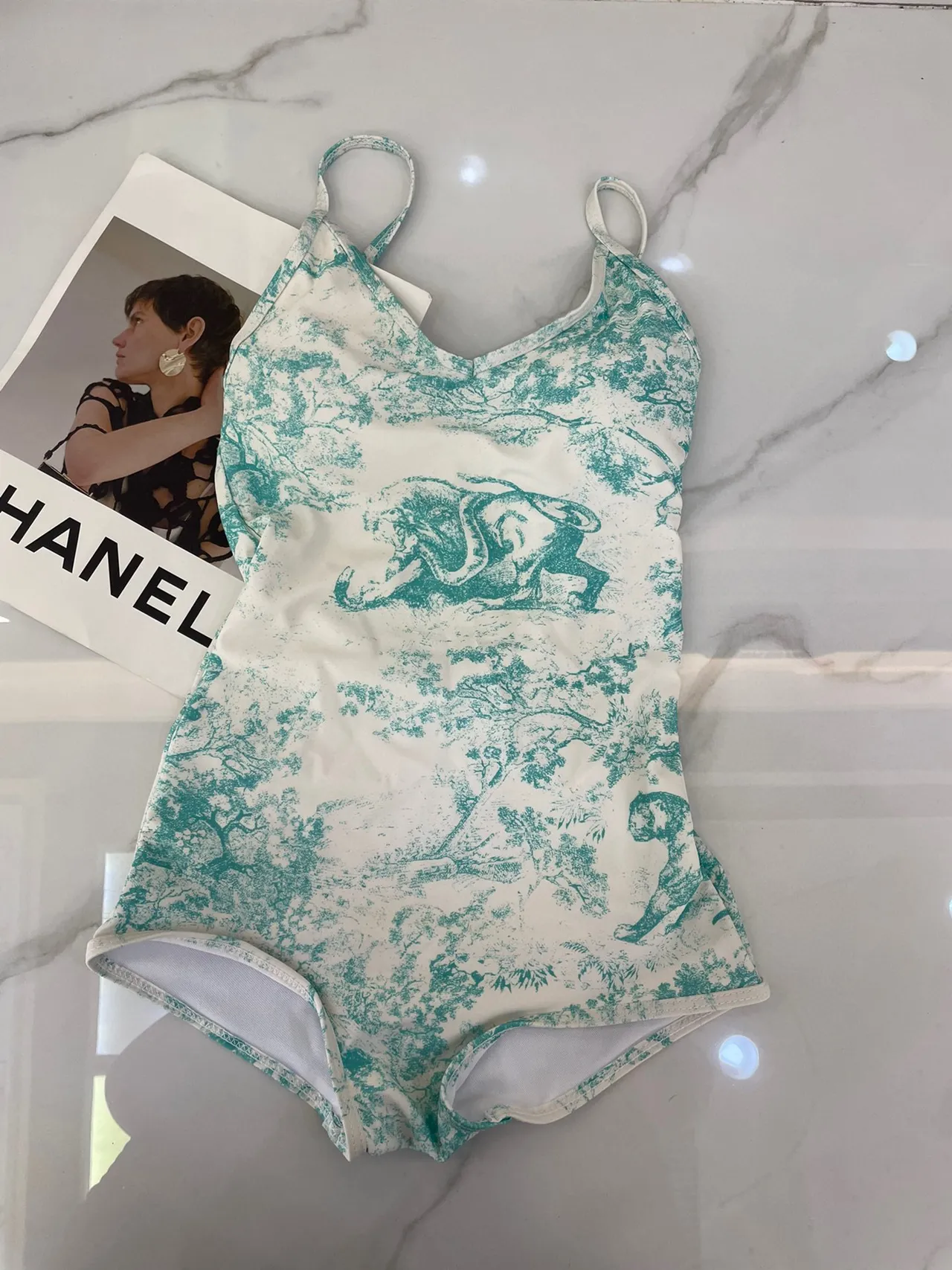 Dior Dioriviera White Blue Crisscross Back Straps Toile De Jouy Print Swimwear