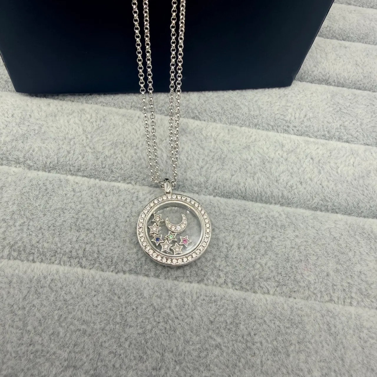 Chopard Happy Stars Silver Gold Circular Locket Pendant Pavé Diamond Bezel Necklace