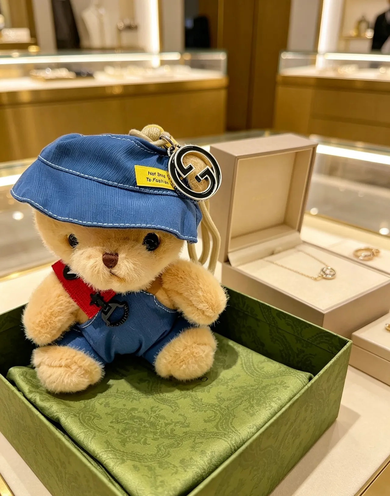 Gucci Beige Blue Plush Teddy Bear Denim-Style Hat And Overalls Handbag