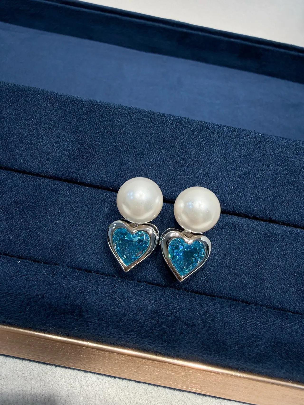 Pearl and Blue Heart Gemstone Stud Earrings