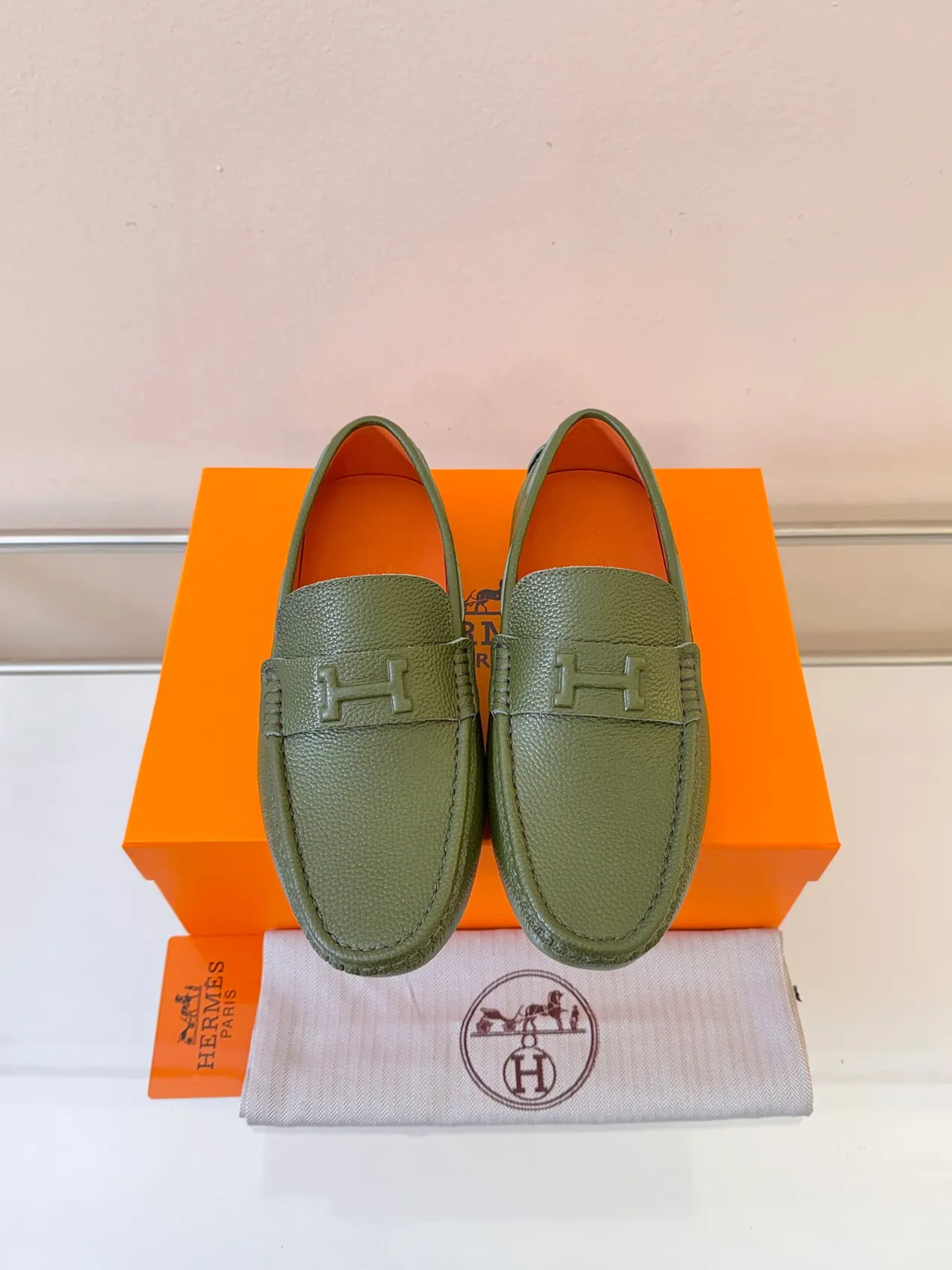 Hermès Oran Loafer Olive Green Pebbled Leather Loafers