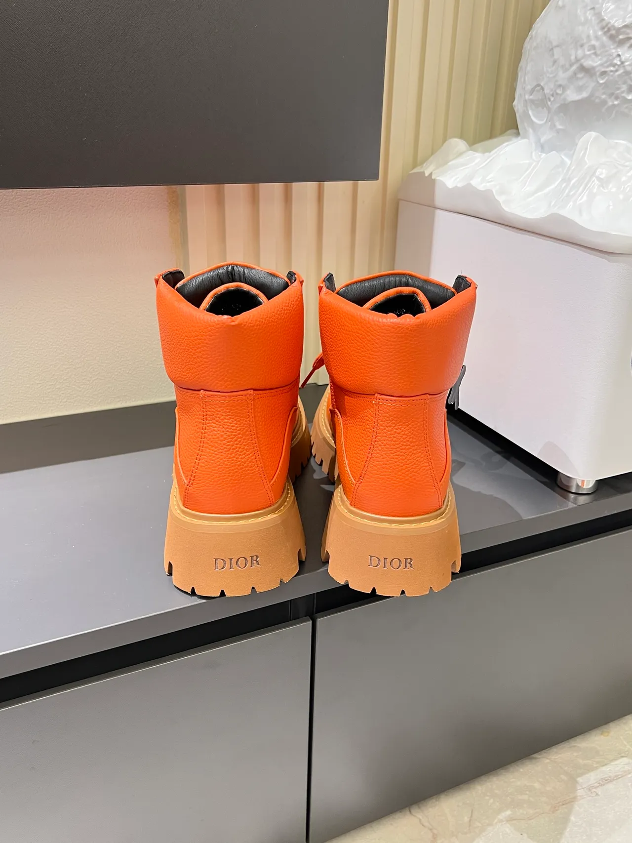 Dior Orange Beige Chunky Lug Sole Padded Collar Ankle Boots