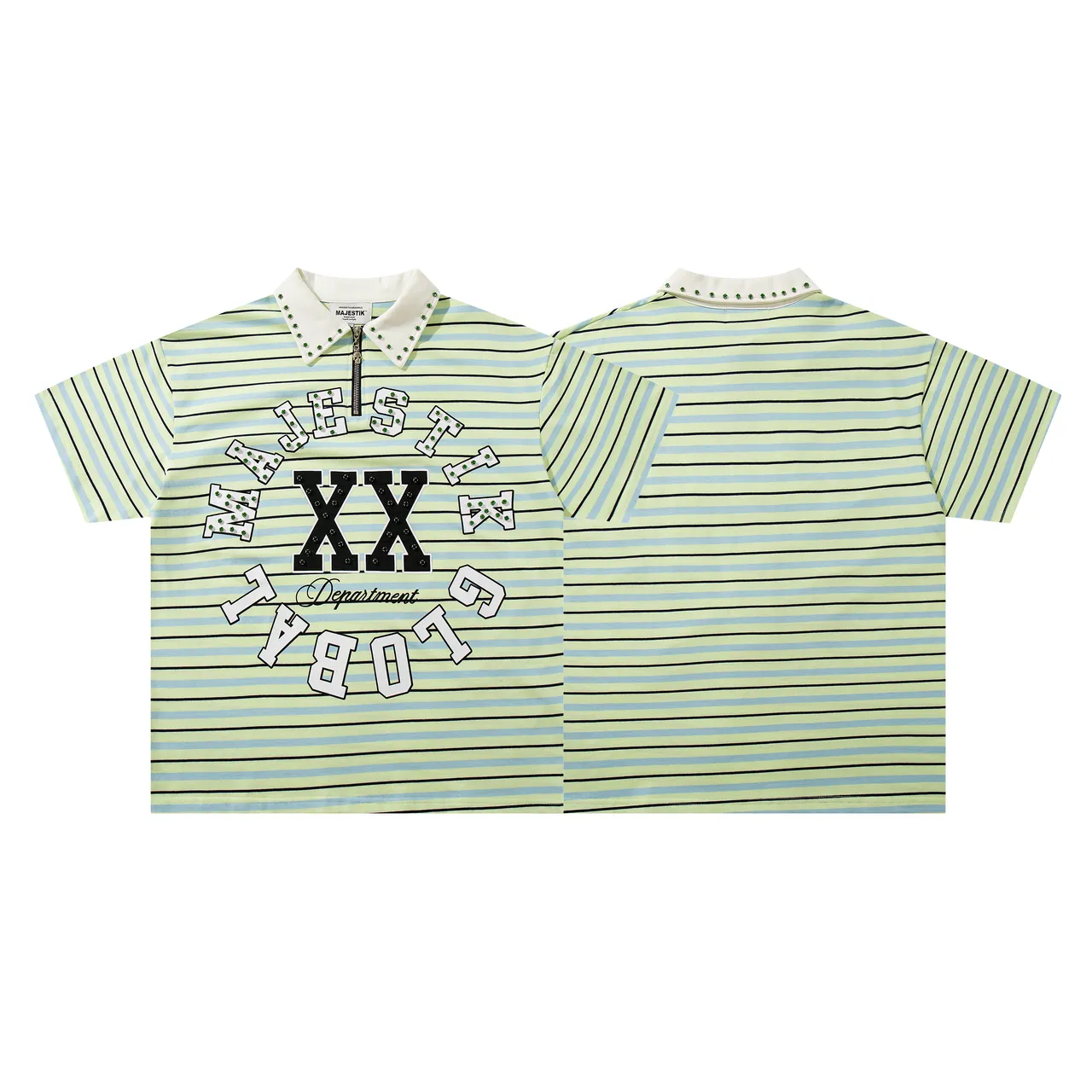 MAJESTIK Striped Studded Collar Half-Zip Polo Shirt