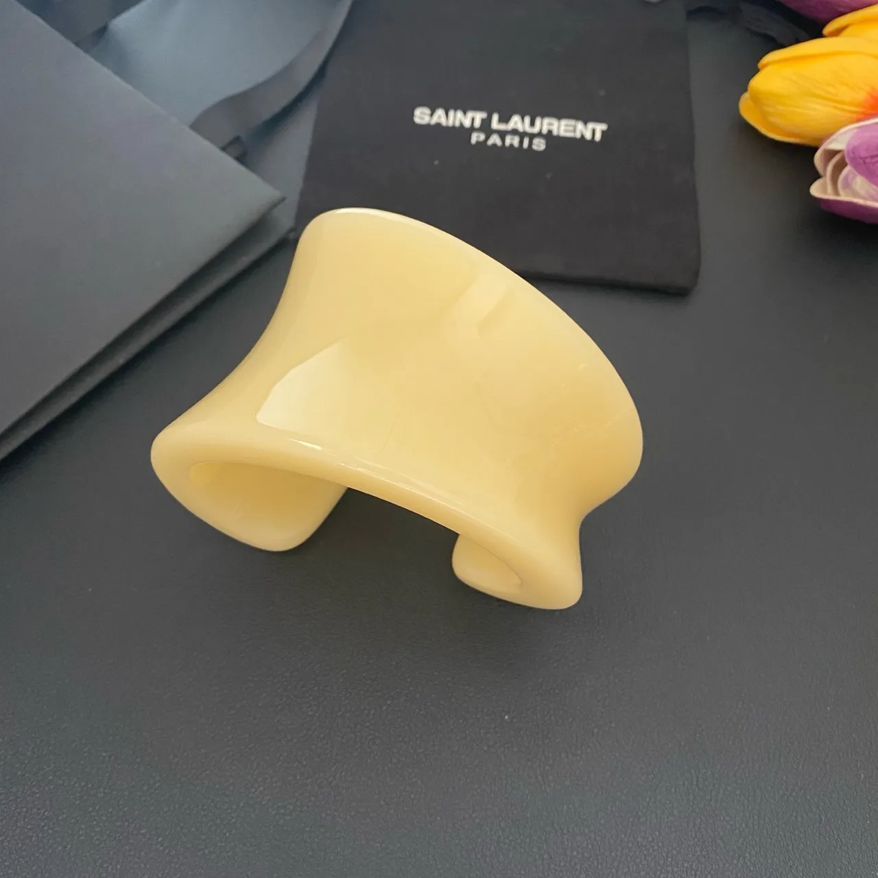 Saint Laurent Beige Orange Sculpted Resin Asymmetrical Cuff Bracelet