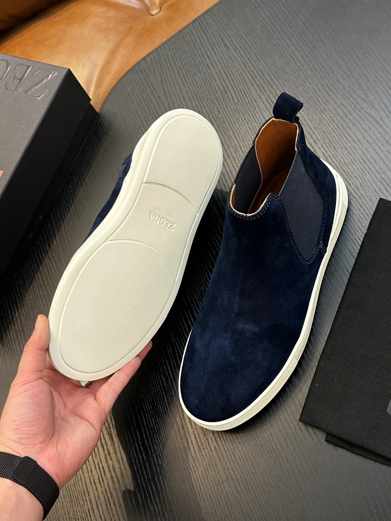 Zegna Navy White Suede Elastic Side Panels Chelsea Boots