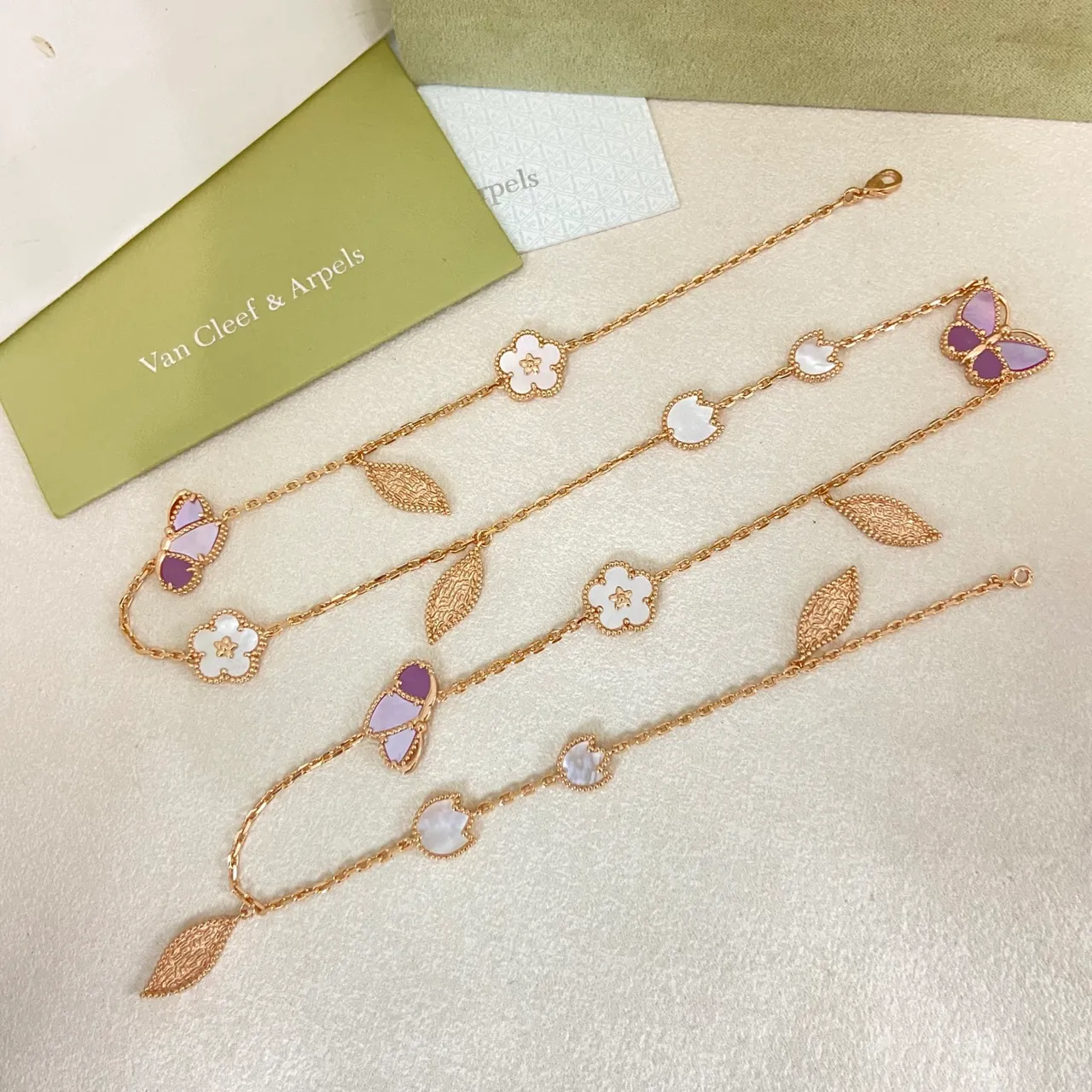 Rose-Gold-Tone Mother-of-Pearl Floral Butterfly Leaf Charm Long Chain Necklace
