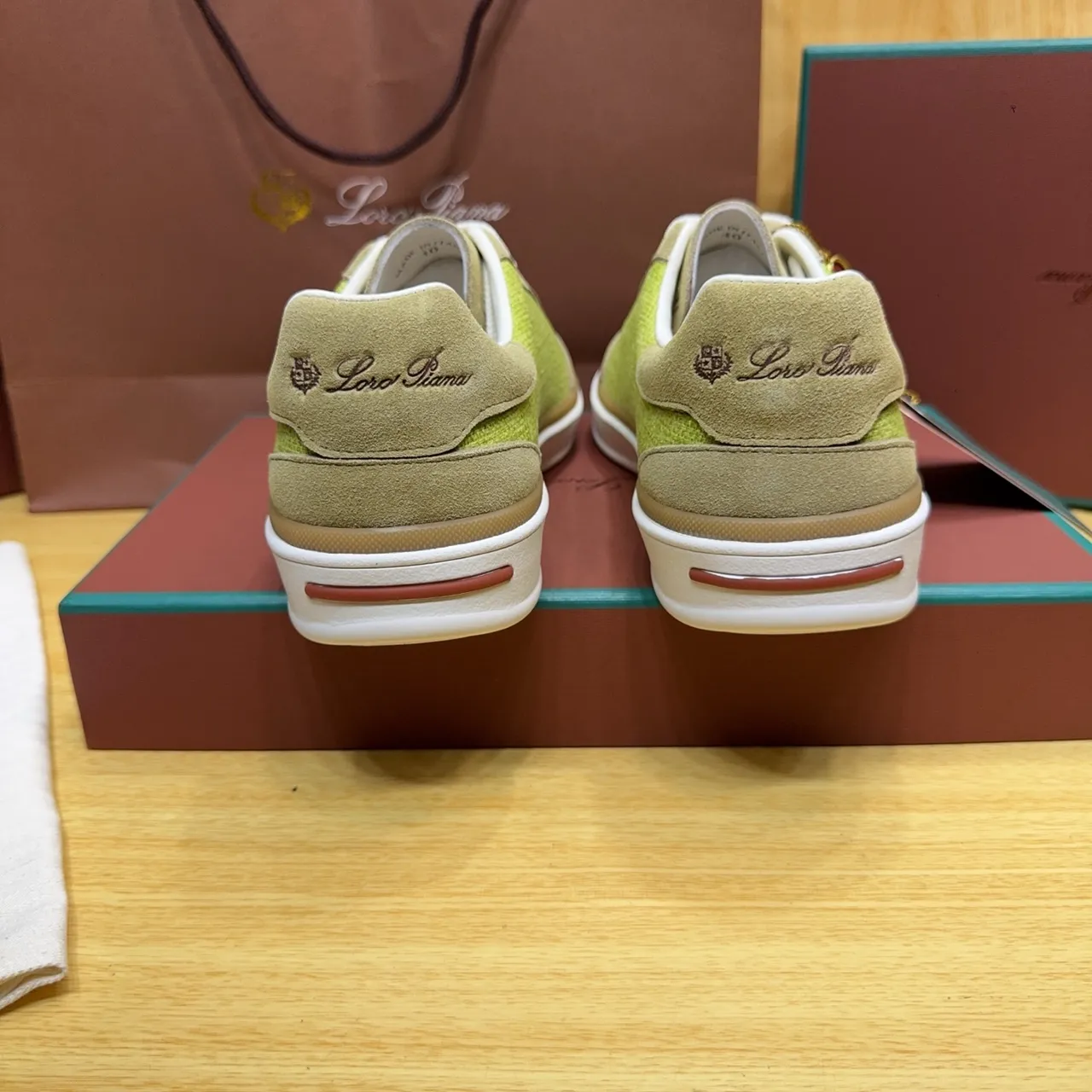 Loro Piana Lime Green and Beige Suede Woven Lifestyle Sneakers
