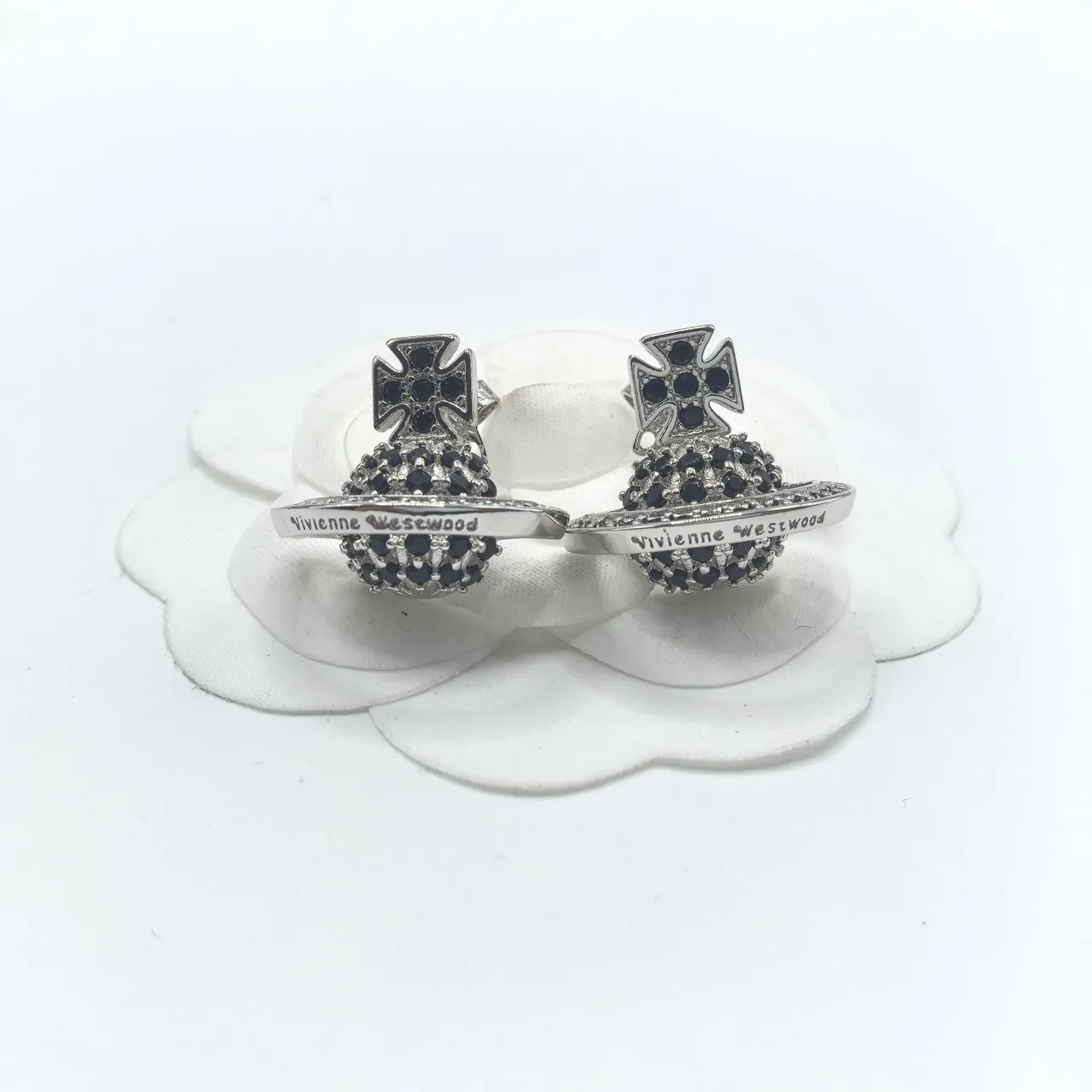 Vivienne Westwood Orb Cross Pavé Black Stud Earrings