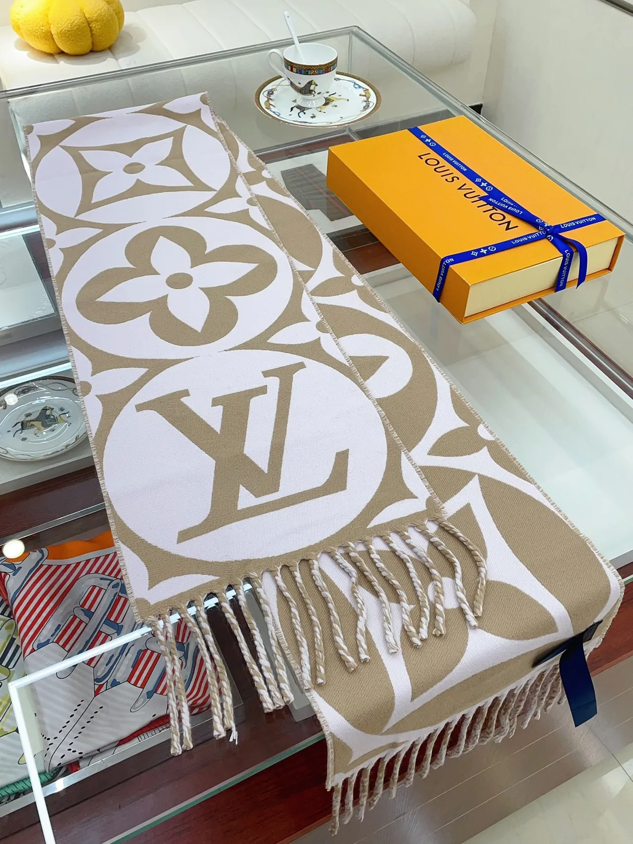 Louis Vuitton Monogram Flower Beige and White Shawl
